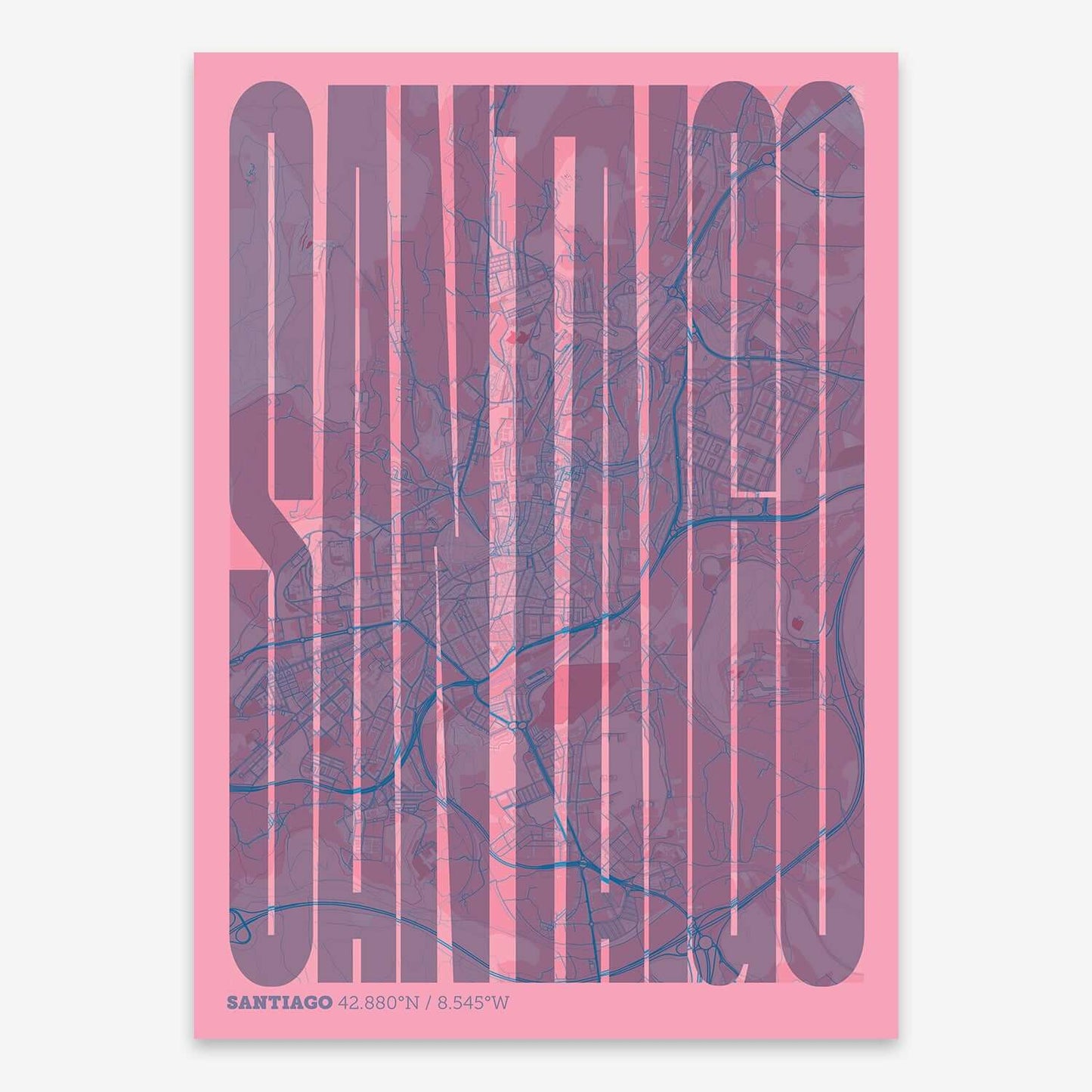 The map of Santiago and letters of its name in a giclée print designed in violet y pink background