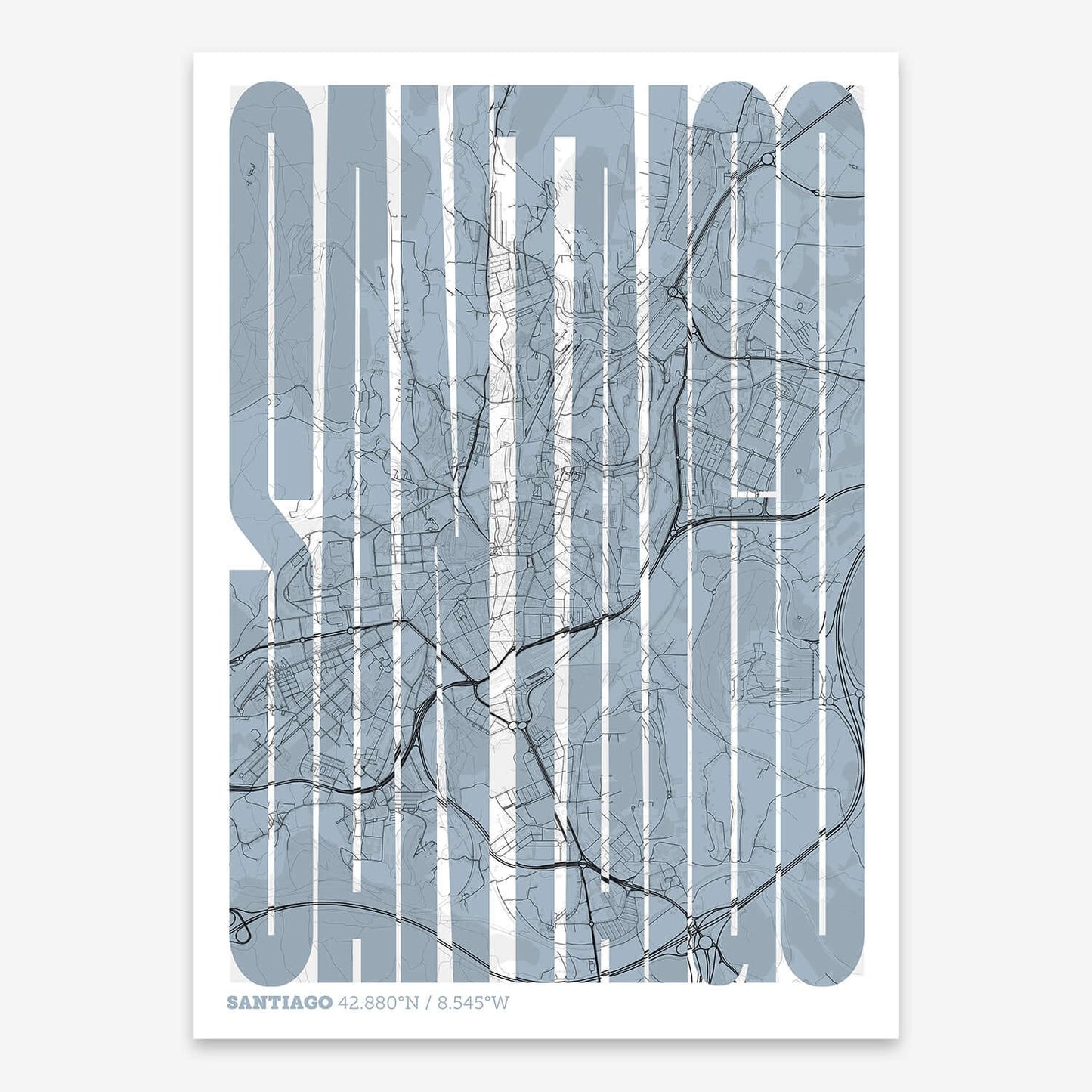 The map of Santiago and letters of its name in a giclée print designed in black and white
