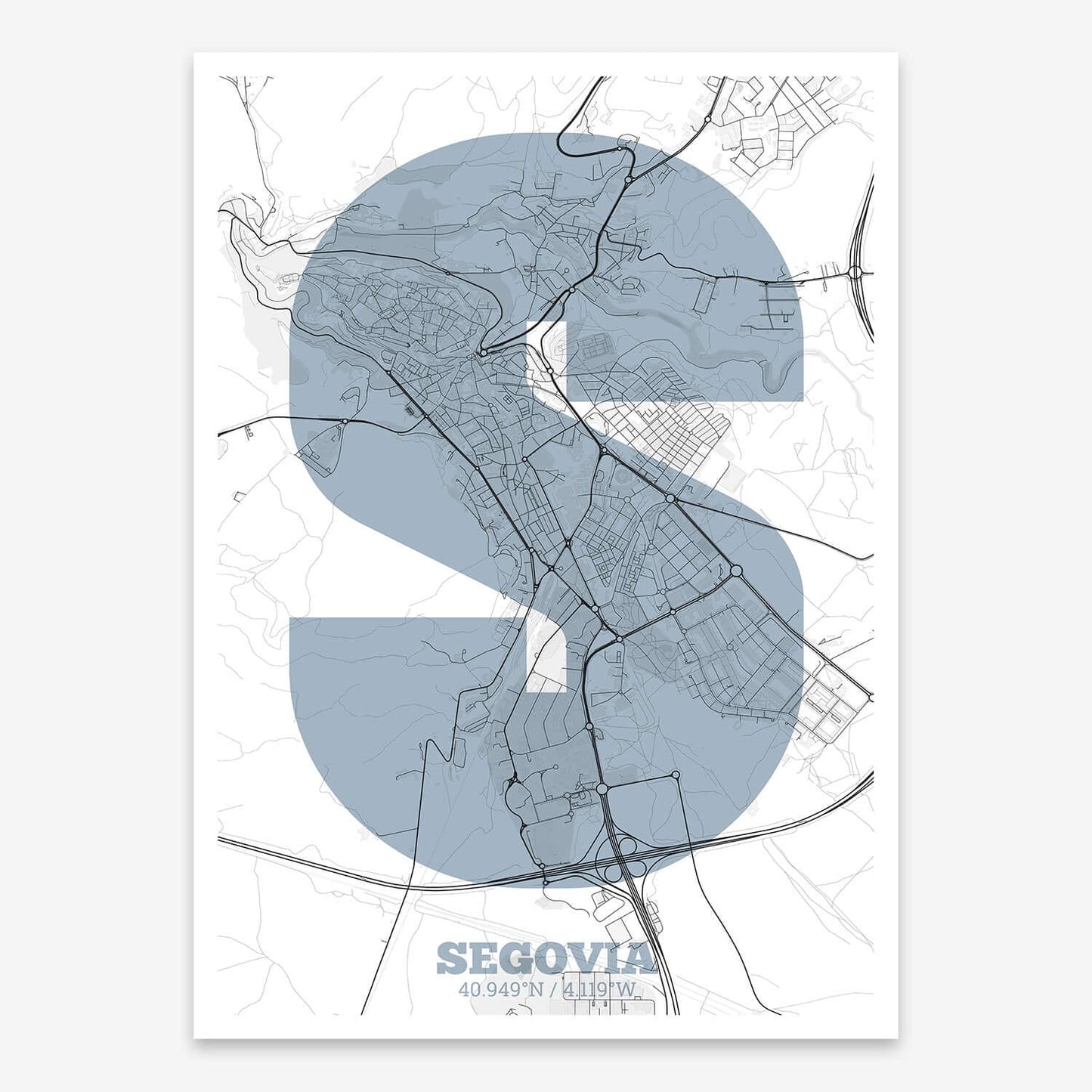 The map of Segovia composed with letters in a heavy geometric font printed on black and white