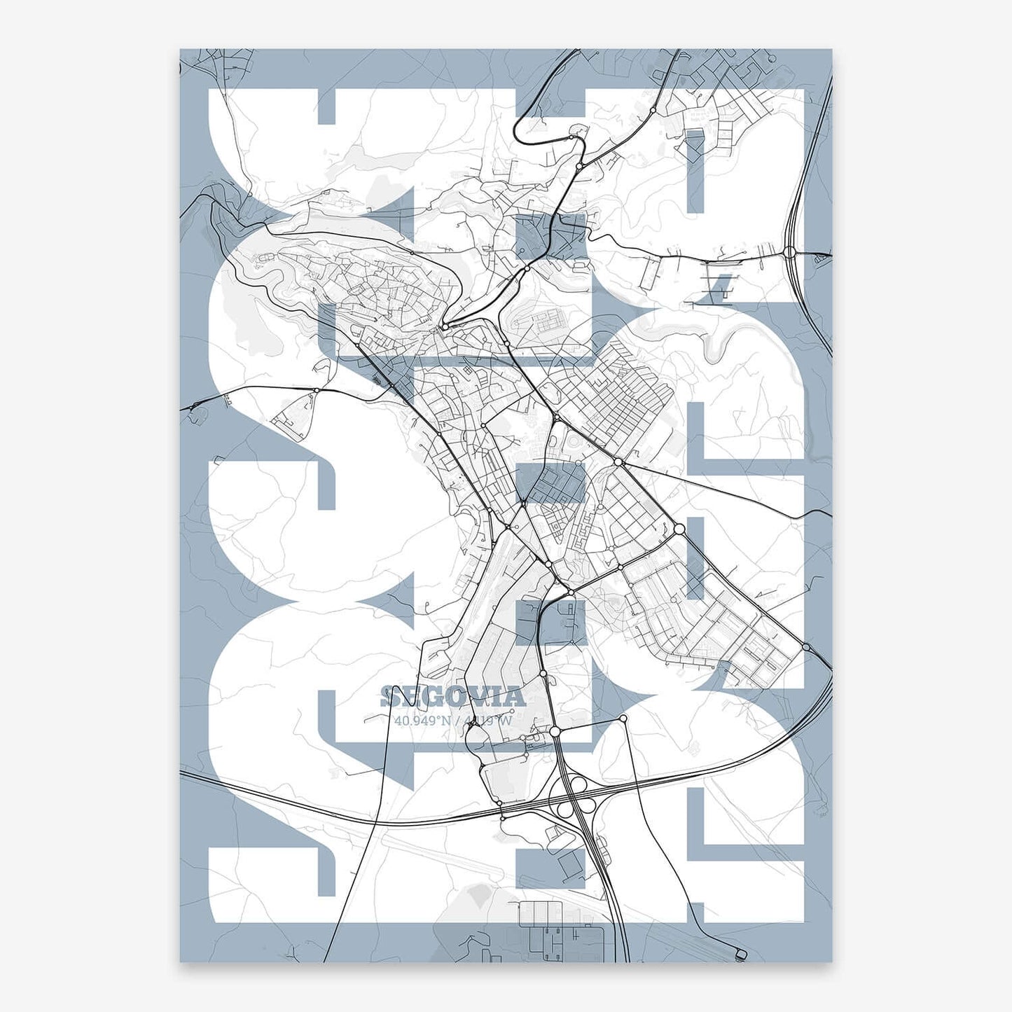 The map of Segovia composed with letters from its name or IATA code printed on black and white