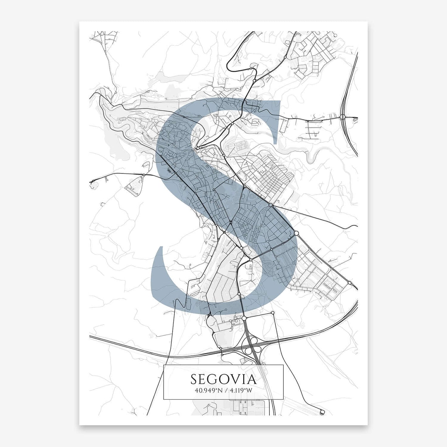 The map of Segovia composed with letters in serif font printed on black and white