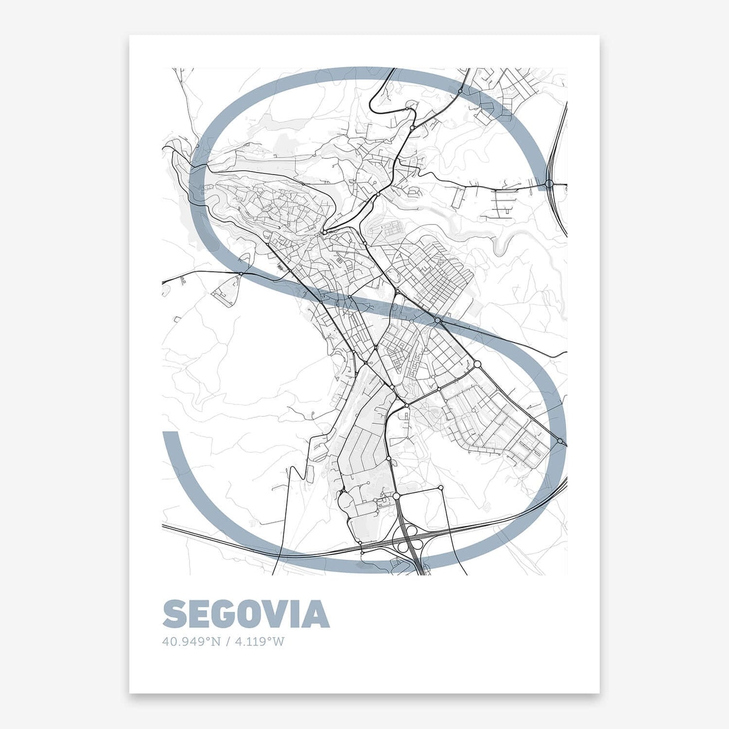 The map of Segovia composed with letters in extra light font printed on black and white