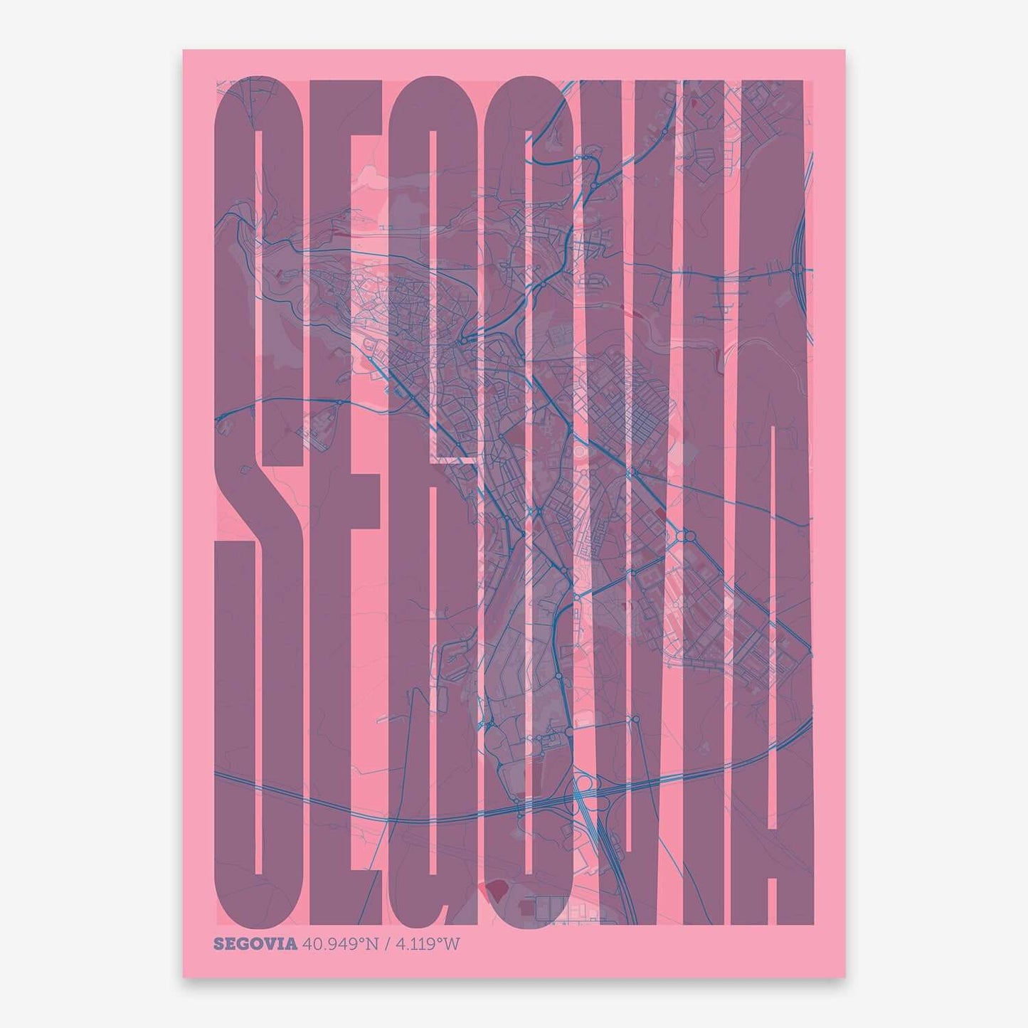 The map of Segovia and letters of its name in a giclée print designed in violet y pink background
