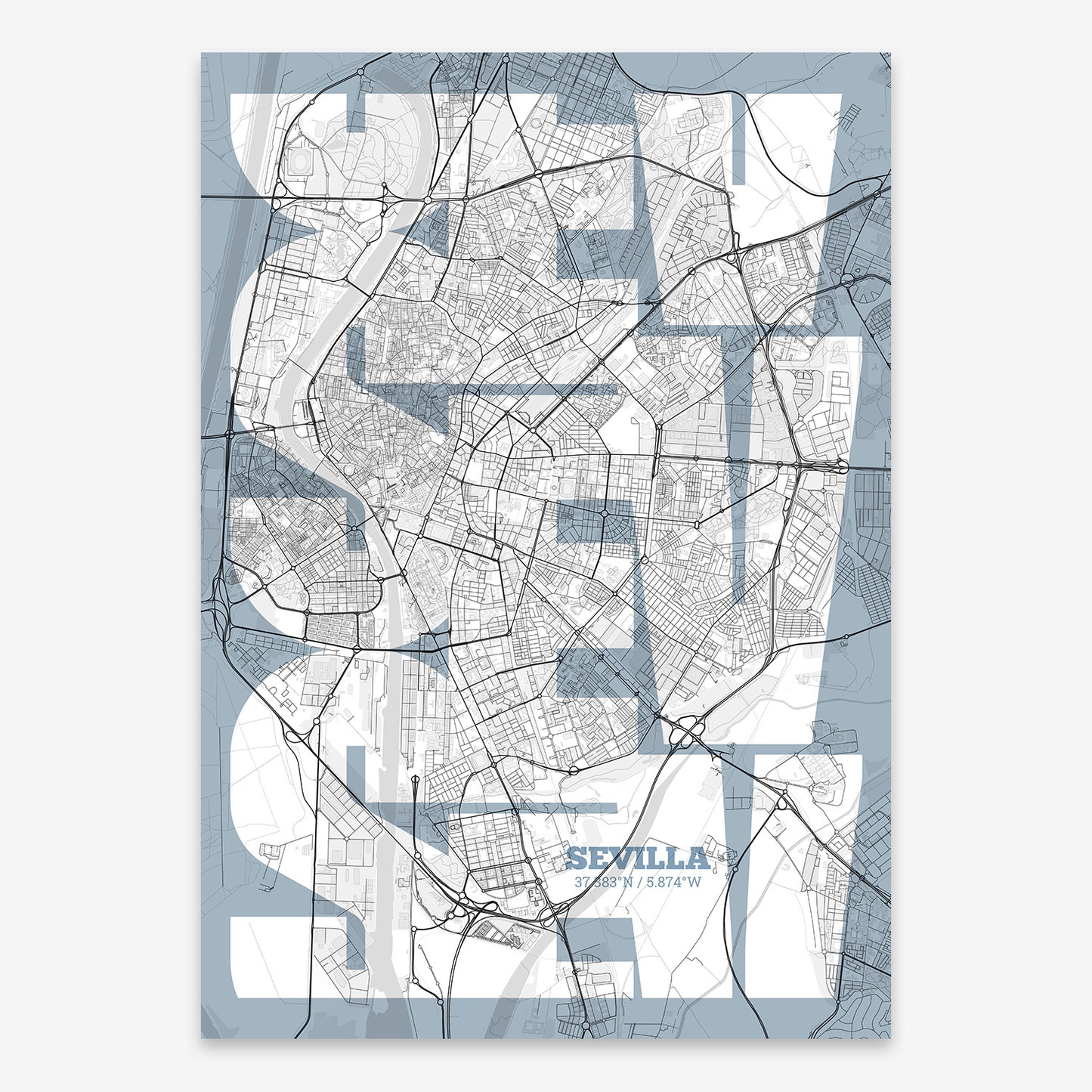 The map of Sevilla composed with letters from its name or IATA code printed on black and white