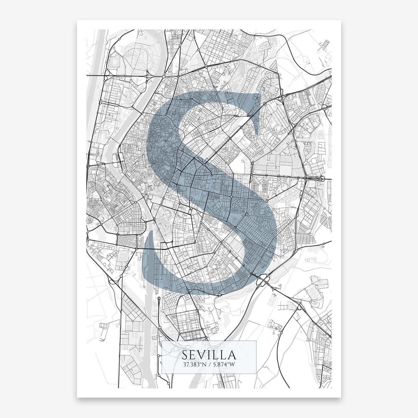 The map of Sevilla composed with letters in serif font printed on black and white