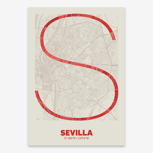 The map of Sevilla composed with letters in extra light font printed on red and an off-white background