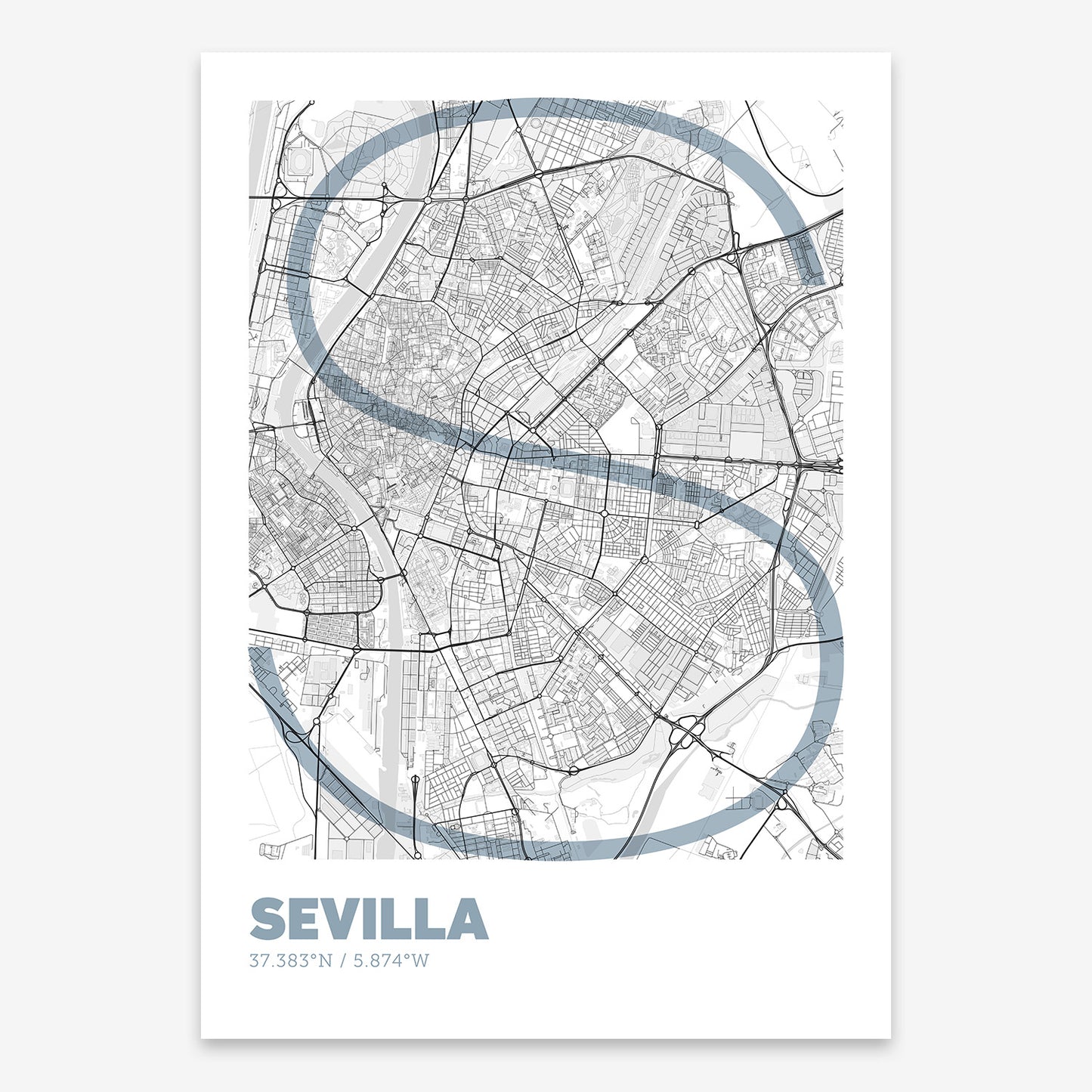 The map of Sevilla composed with letters in extra light font printed on black and white