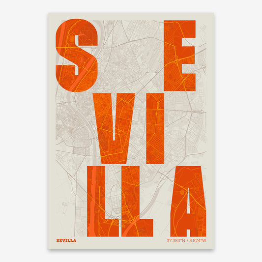 The map of Sevilla with letters of its name placed randomly, designed in orange and an off-white background