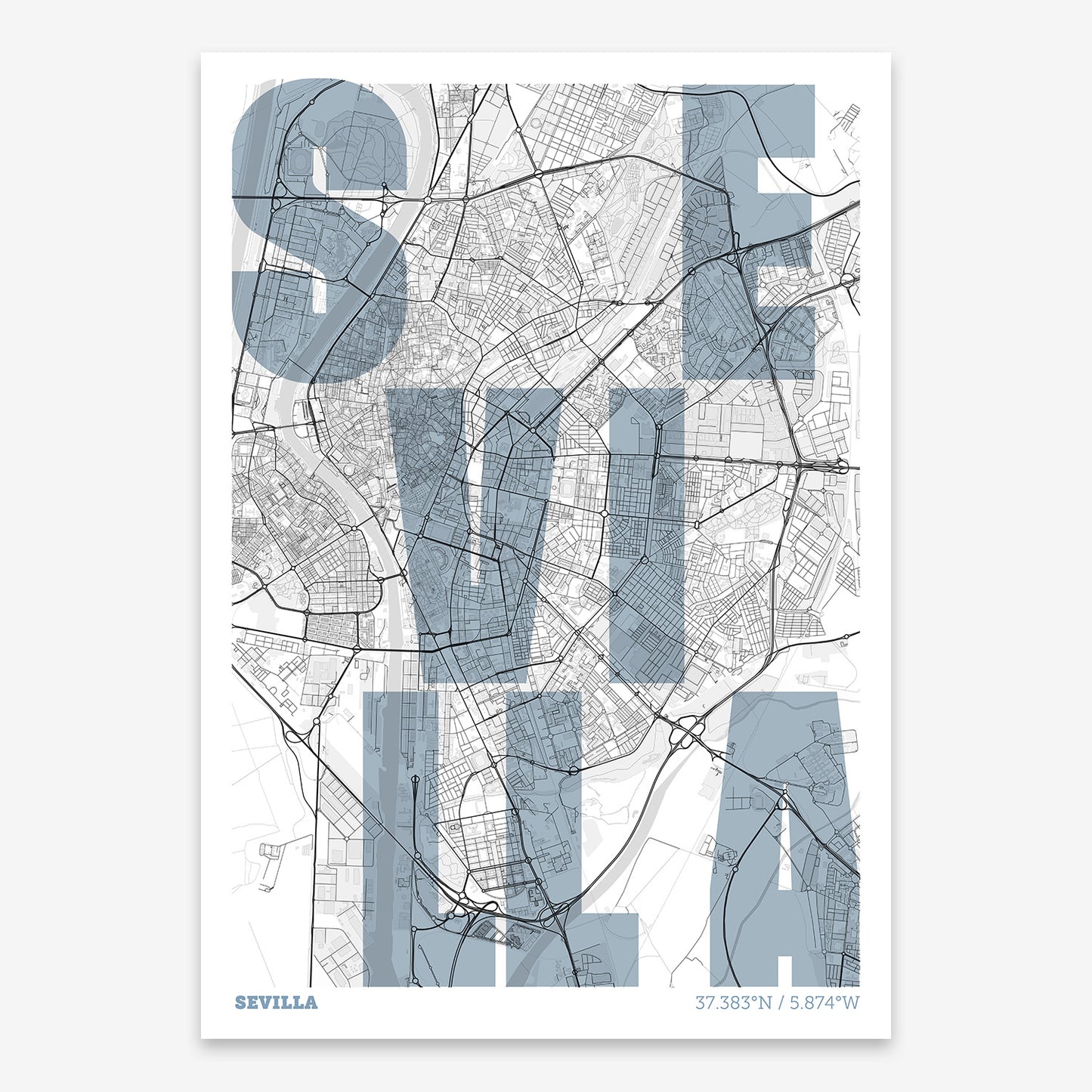 The map of Sevilla with letters of its name placed randomly, designed in black and white
