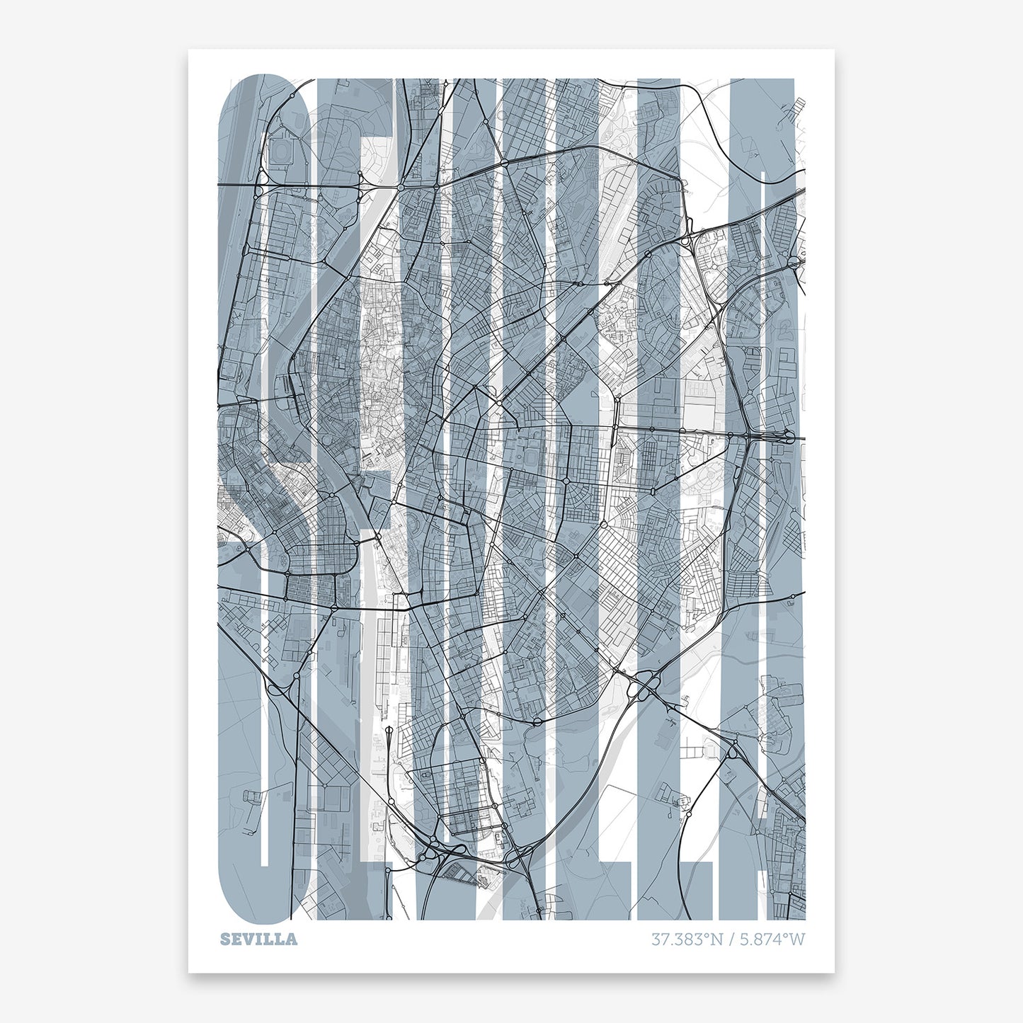 The map of Sevilla and letters of its name in a giclée print designed in black and white
