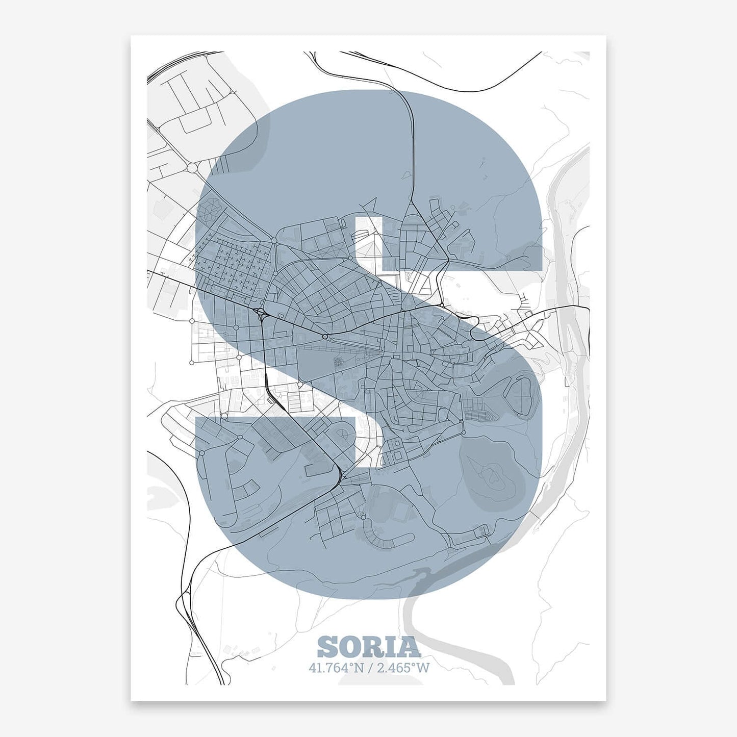The map of Soria composed with letters in a heavy geometric font printed on black and white