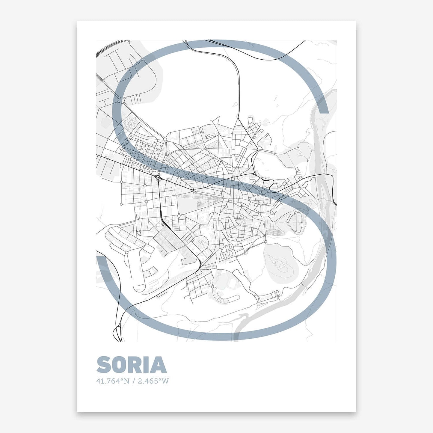 The map of Soria composed with letters in extra light font printed on black and white