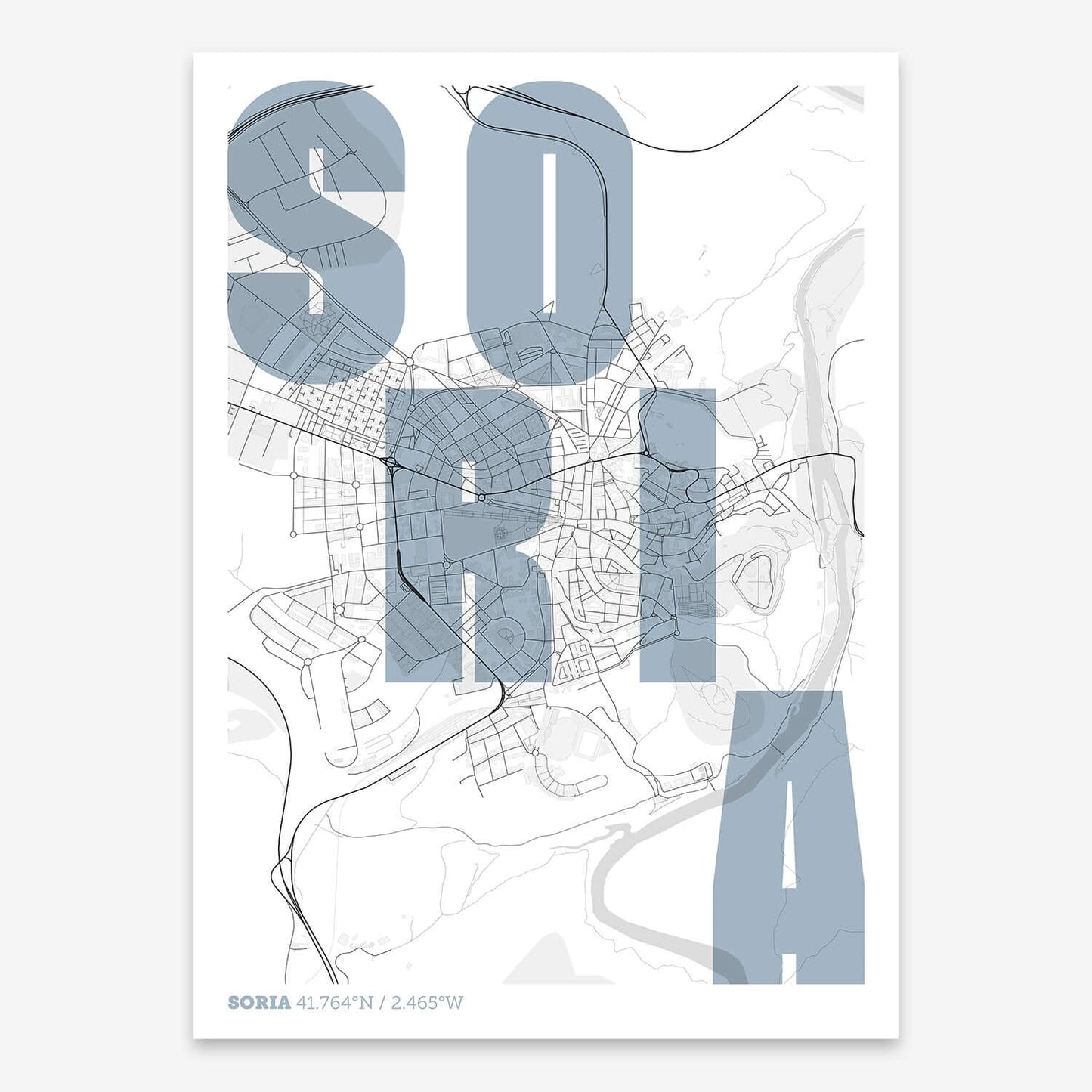 The map of Soria with letters of its name placed randomly, designed in black and white