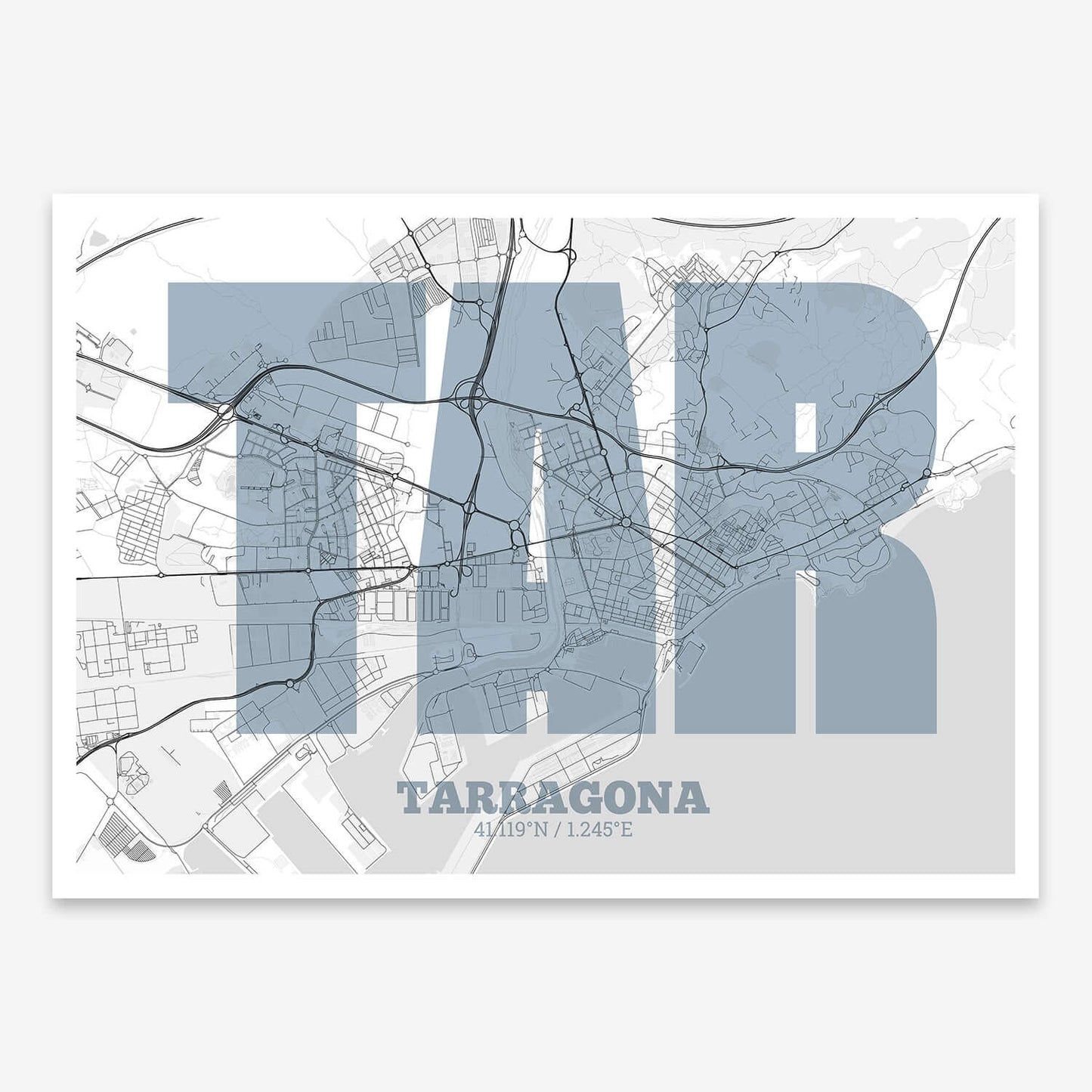 The map of Tarragona composed with letters in a heavy geometric font printed on black and white