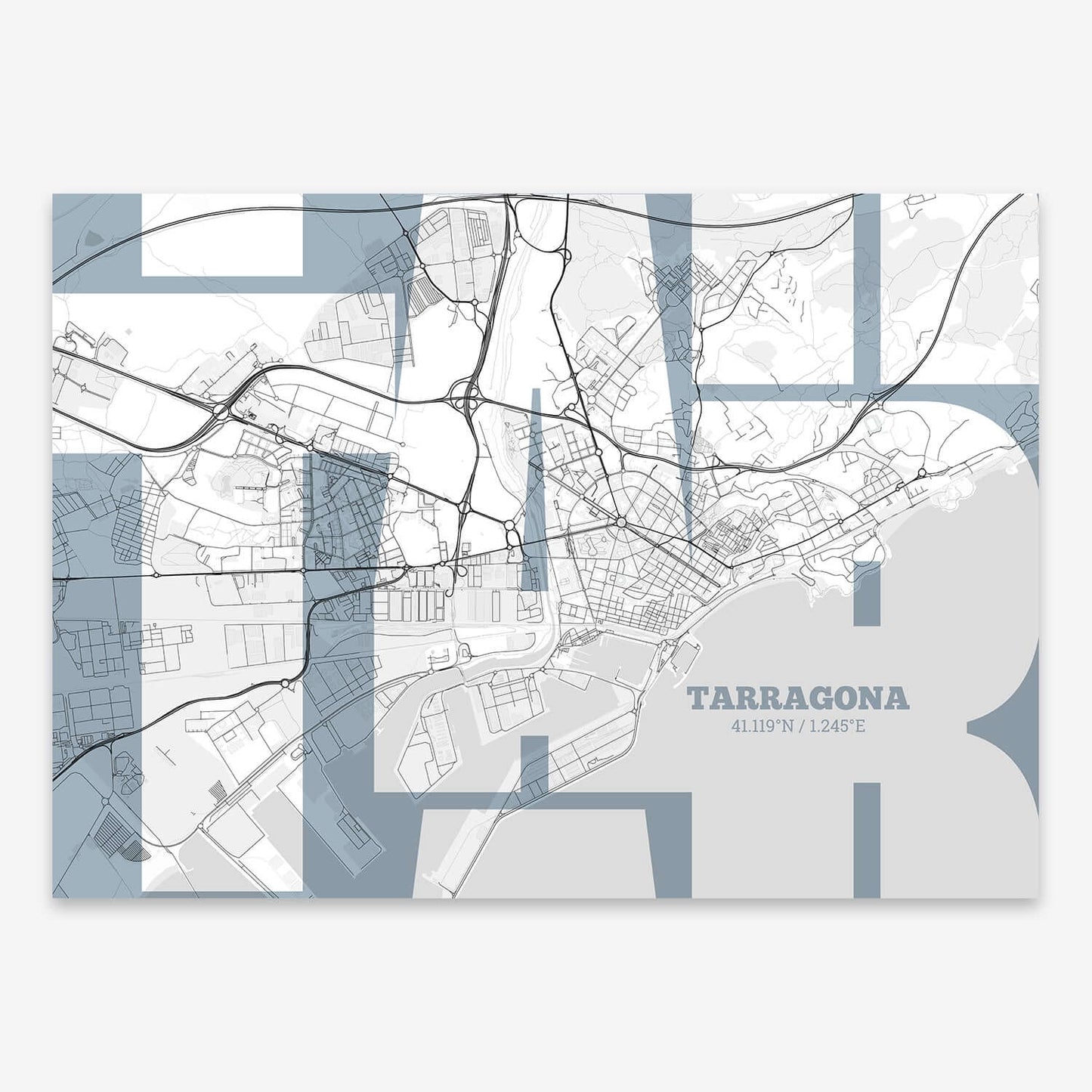 The map of Tarragona composed with letters from its name or IATA code printed on black and white