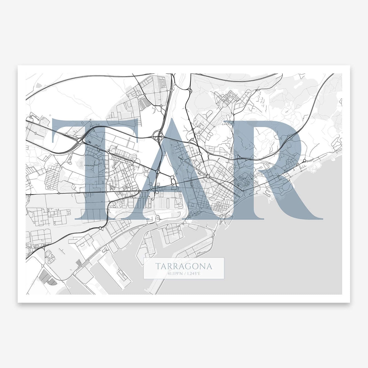 The map of Tarragona composed with letters in serif font printed on black and white