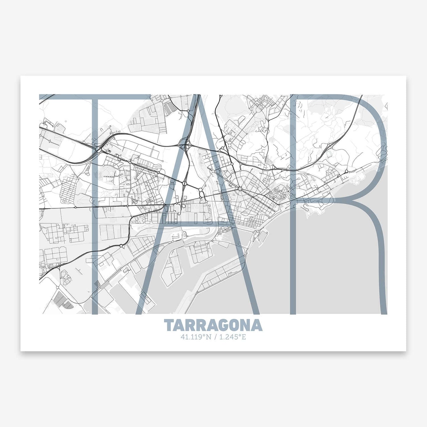 The map of Tarragona composed with letters in extra light font printed on black and white