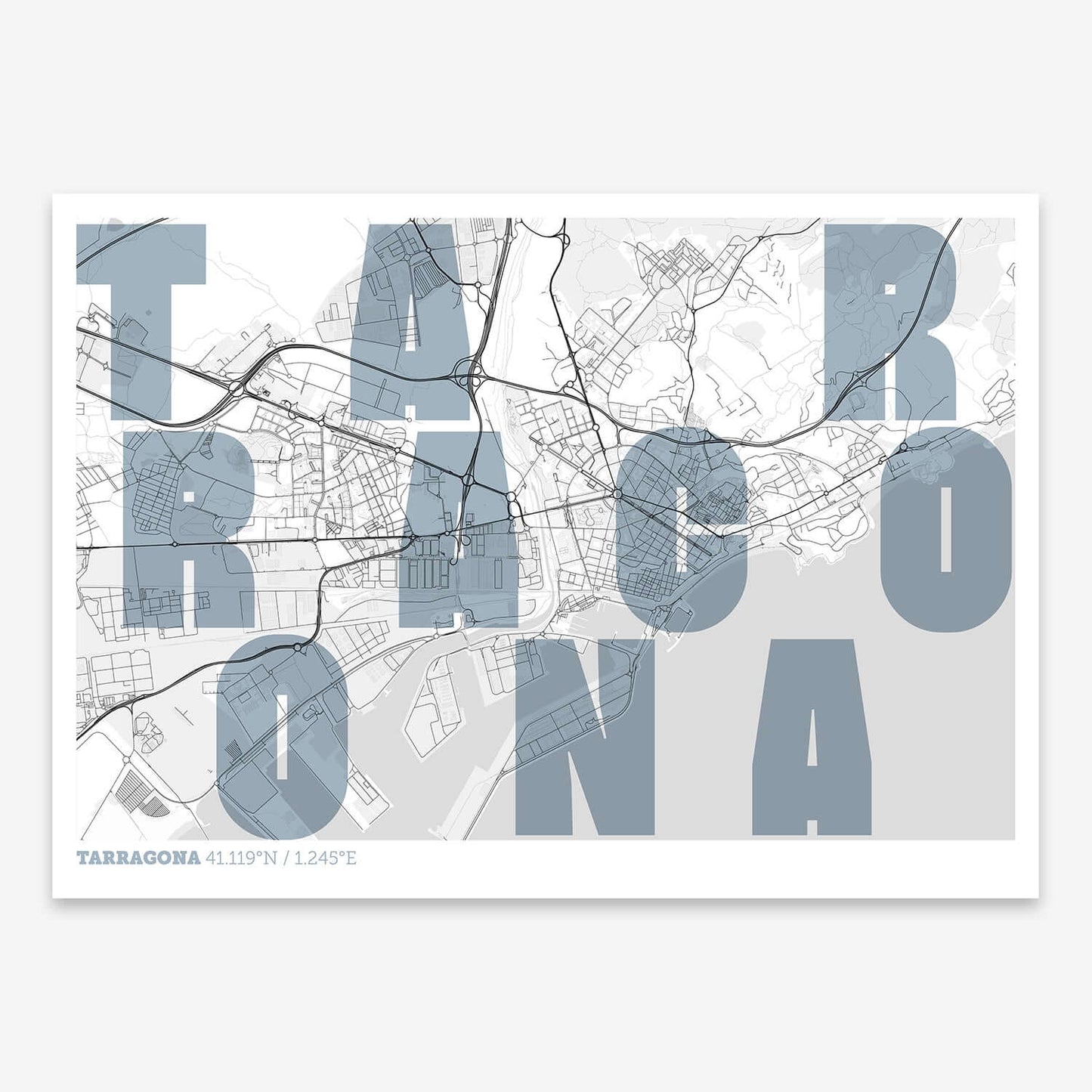 The map of Tarragona with letters of its name placed randomly, designed in black and white