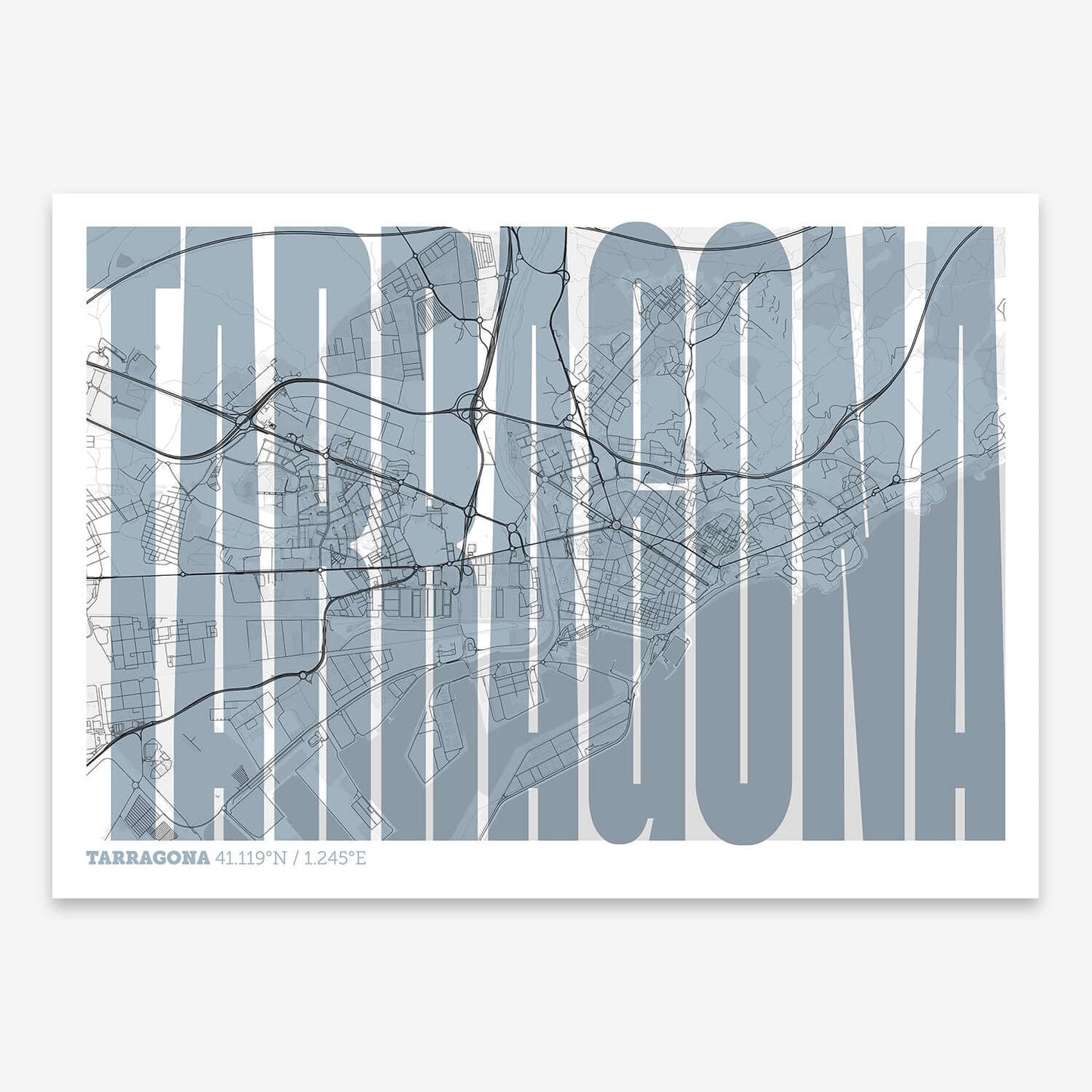 The map of Tarragona and letters of its name in a giclée print designed in black and white