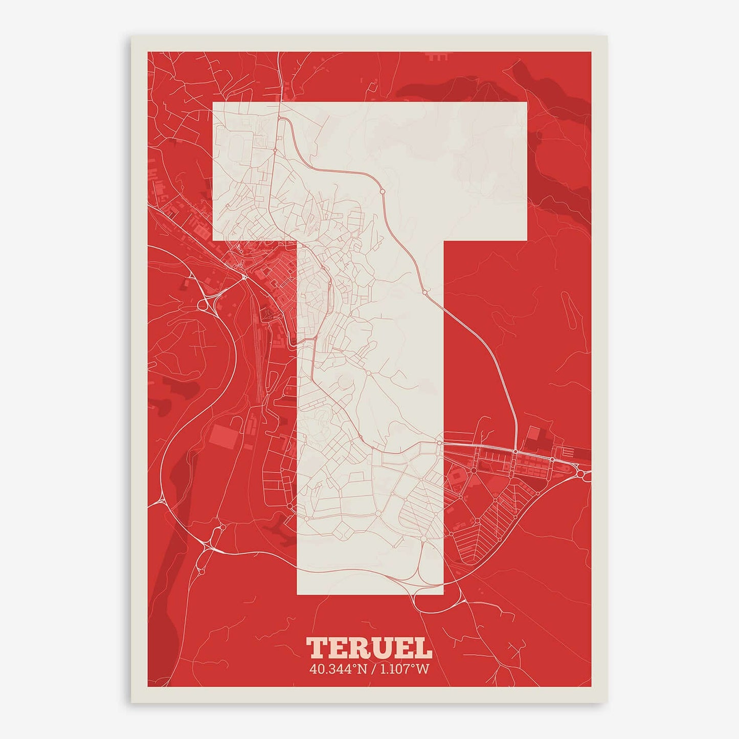 The map of Teruel composed with letters in a heavy geometric font printed on red and an off-white background