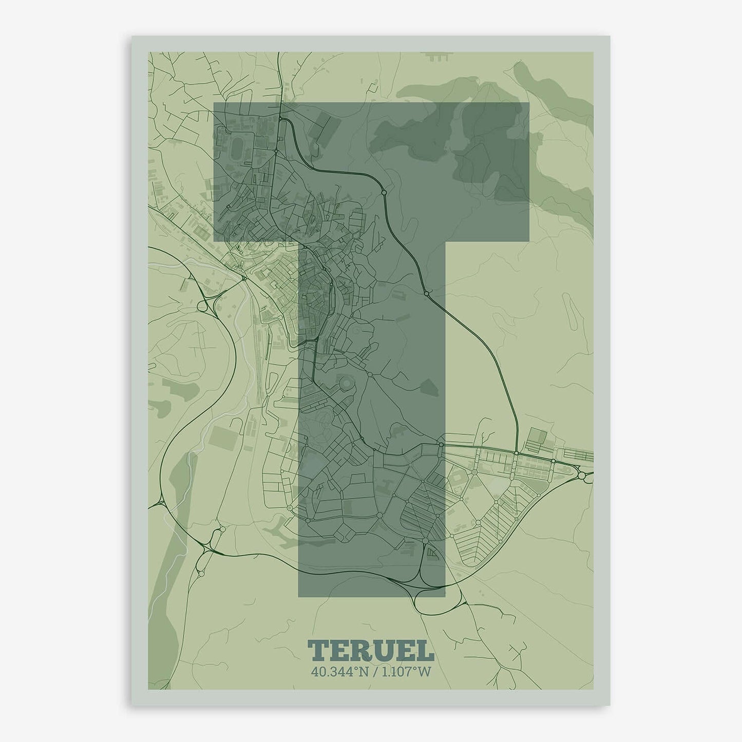The map of Teruel composed with letters in a heavy geometric font printed on two green tones