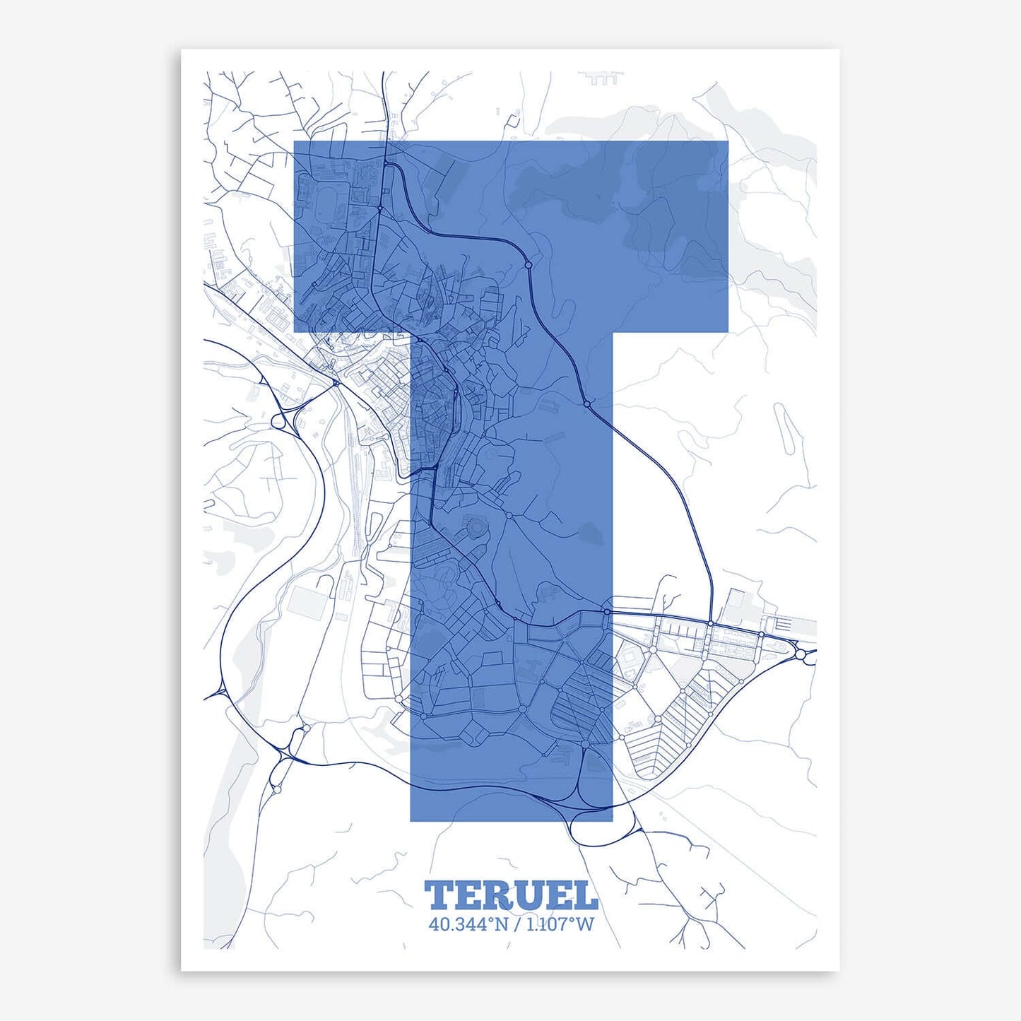 The map of Teruel composed with letters in a heavy geometric font printed on navy blue and white