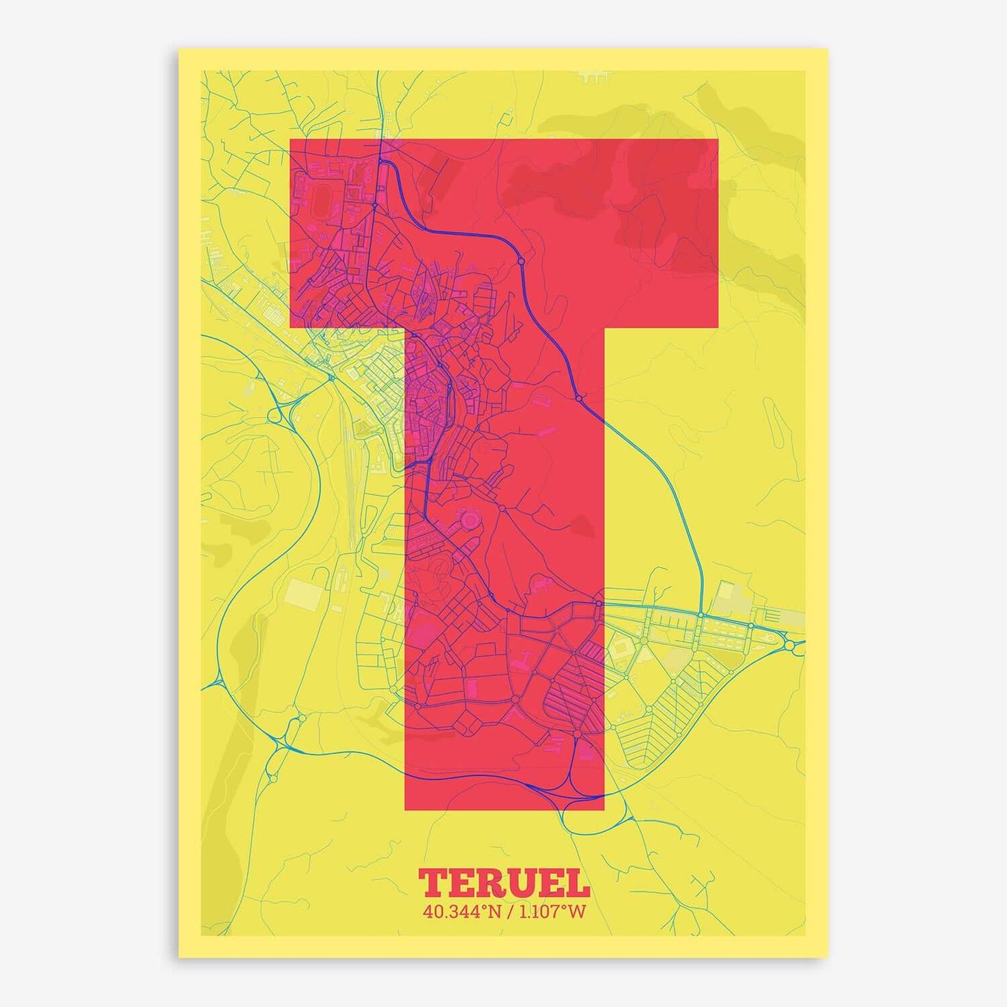 The map of Teruel composed with letters in a heavy geometric font printed on yellow and fuchsia