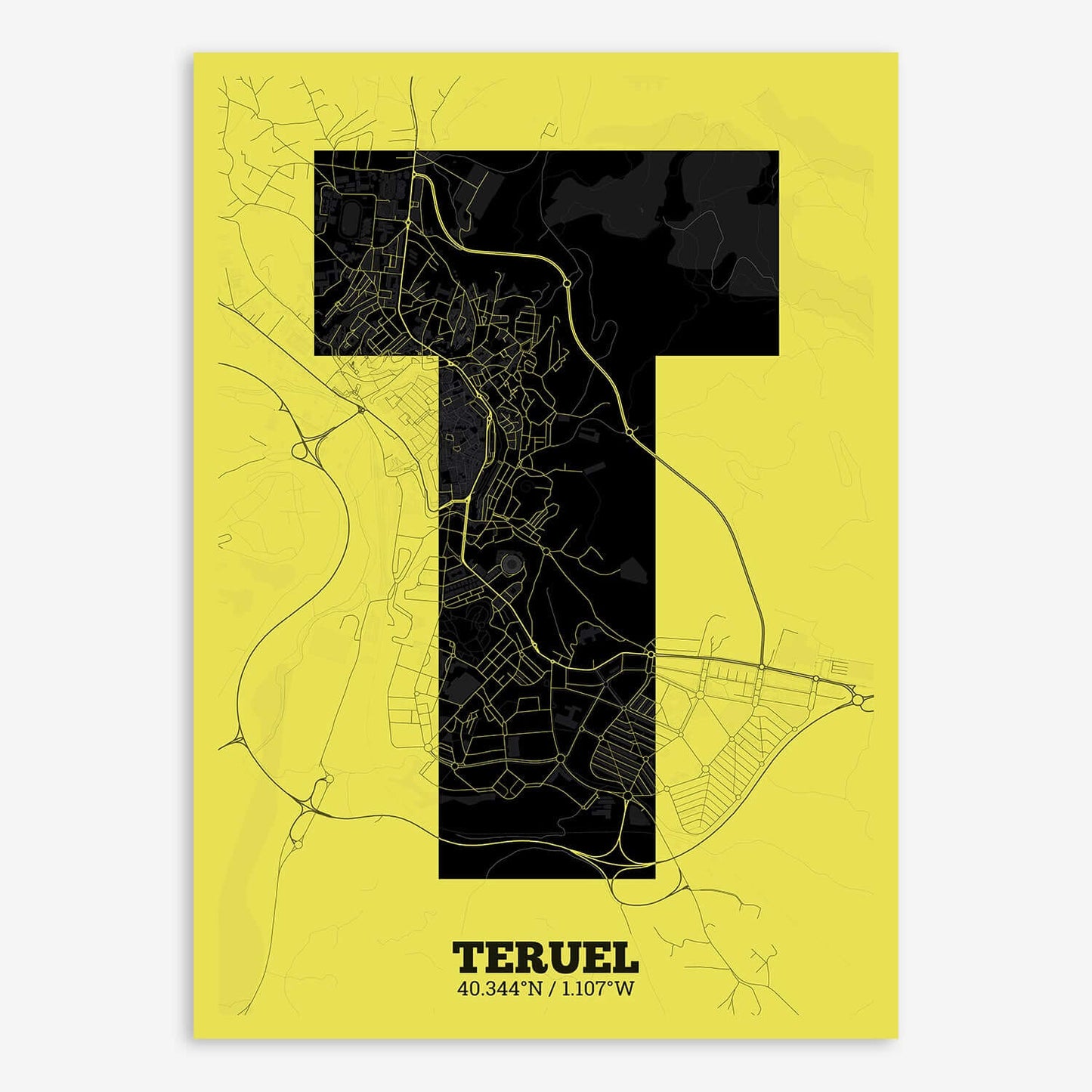 The map of Teruel composed with letters in a heavy geometric font printed on black and yellow