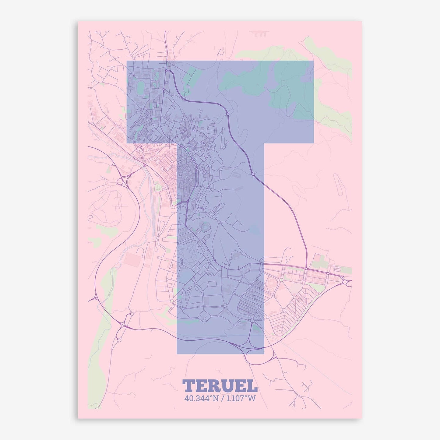 The map of Teruel composed with letters in a heavy geometric font printed on pink and light blue
