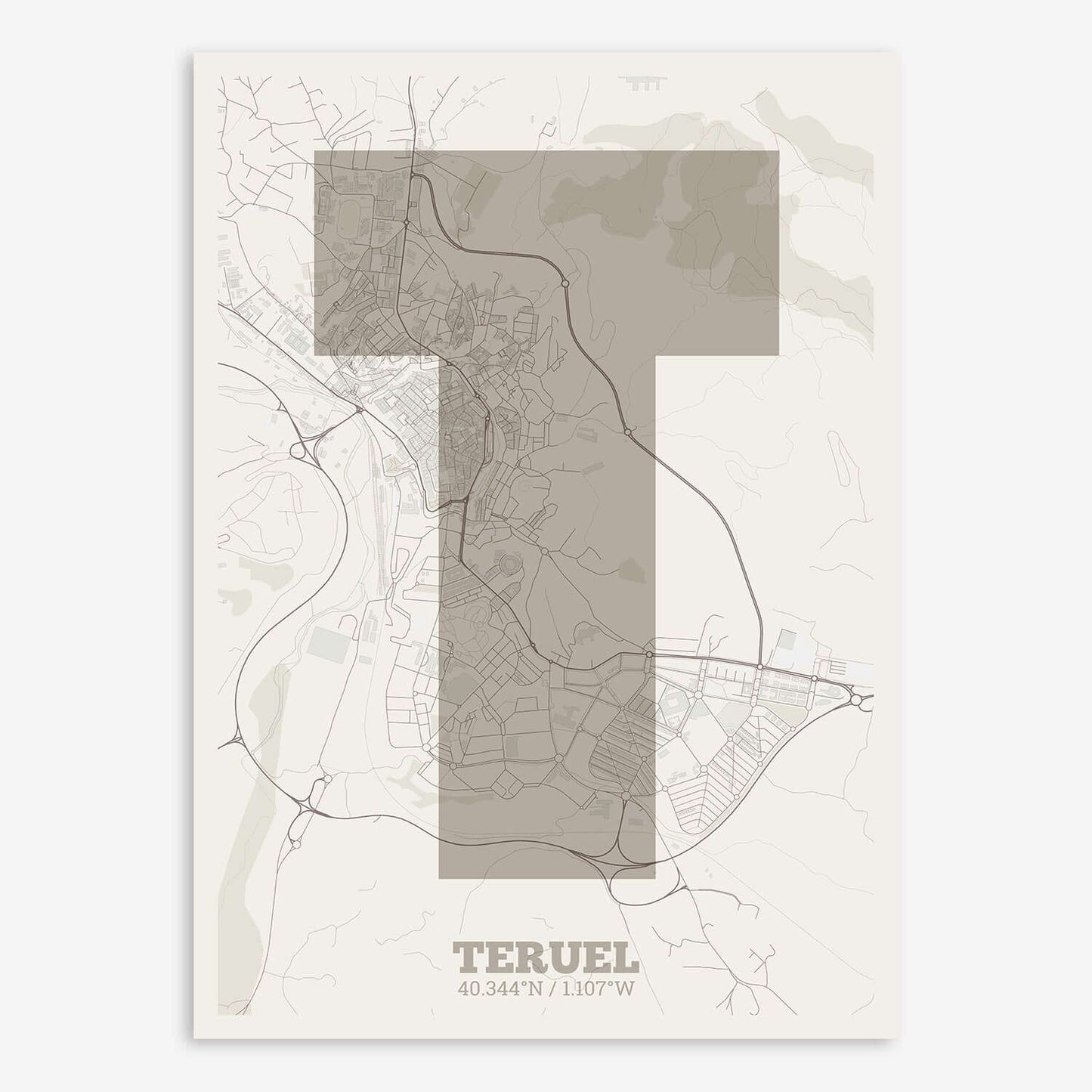 The map of Teruel composed with letters in a heavy geometric font printed on light brown and an off-white background