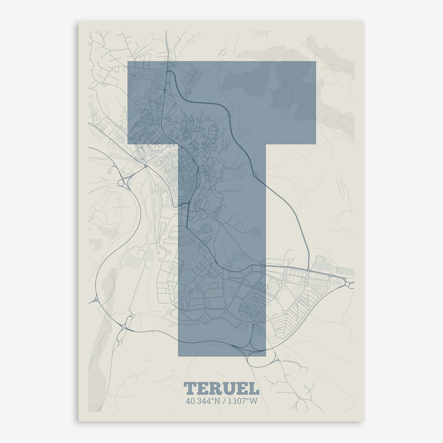 The map of Teruel composed with letters in a heavy geometric font printed on bluish gray and an off-white background