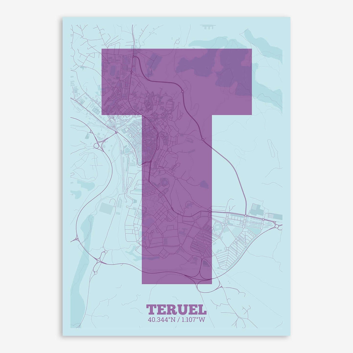The map of Teruel composed with letters in a heavy geometric font printed on purple and light blue