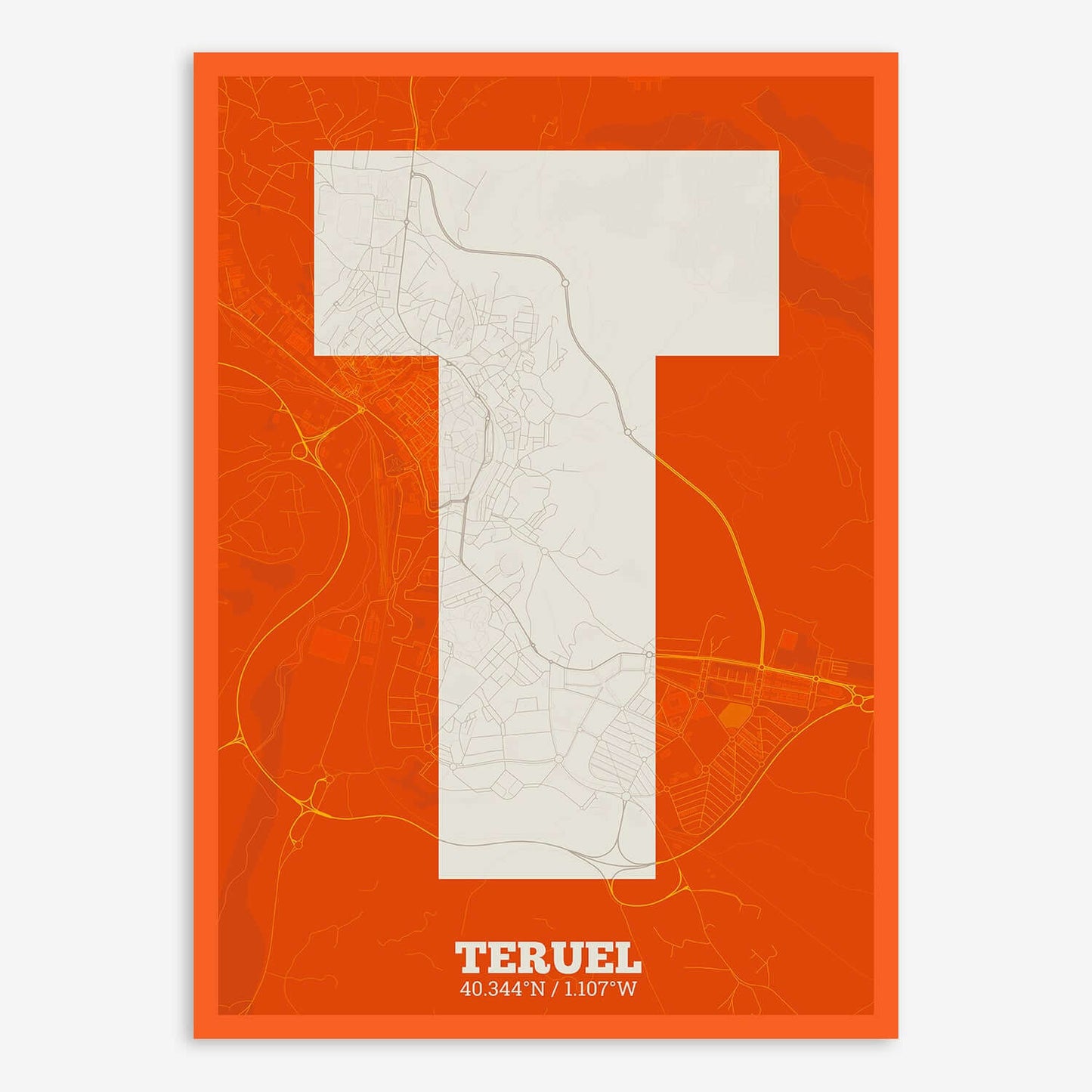 The map of Teruel composed with letters in a heavy geometric font printed on orange and an off-white background