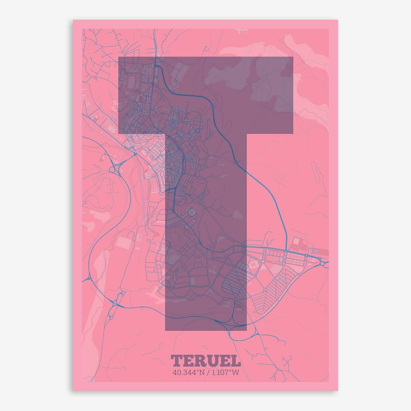 The map of Teruel composed with letters in a heavy geometric font printed on violet y pink background