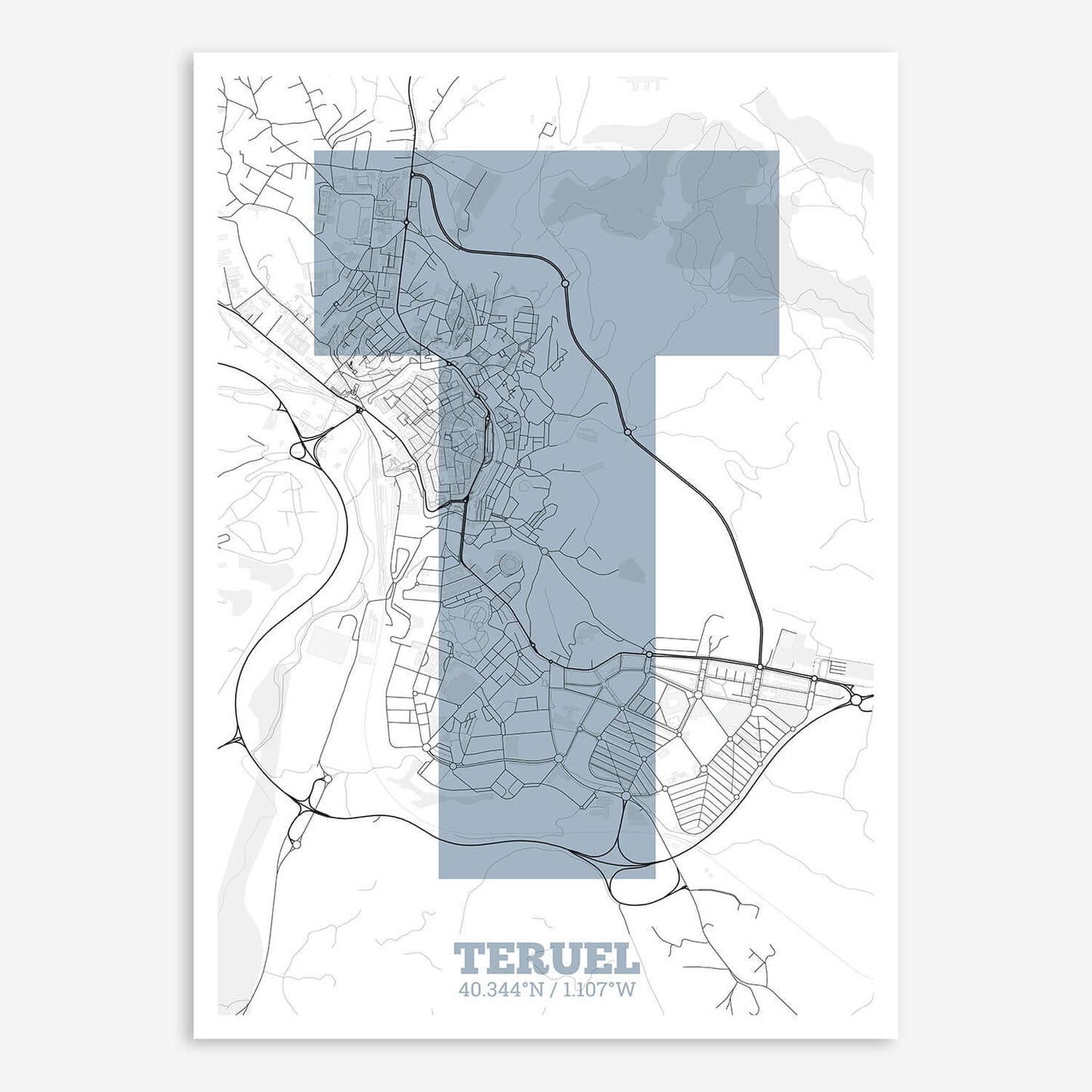 The map of Teruel composed with letters in a heavy geometric font printed on black and white