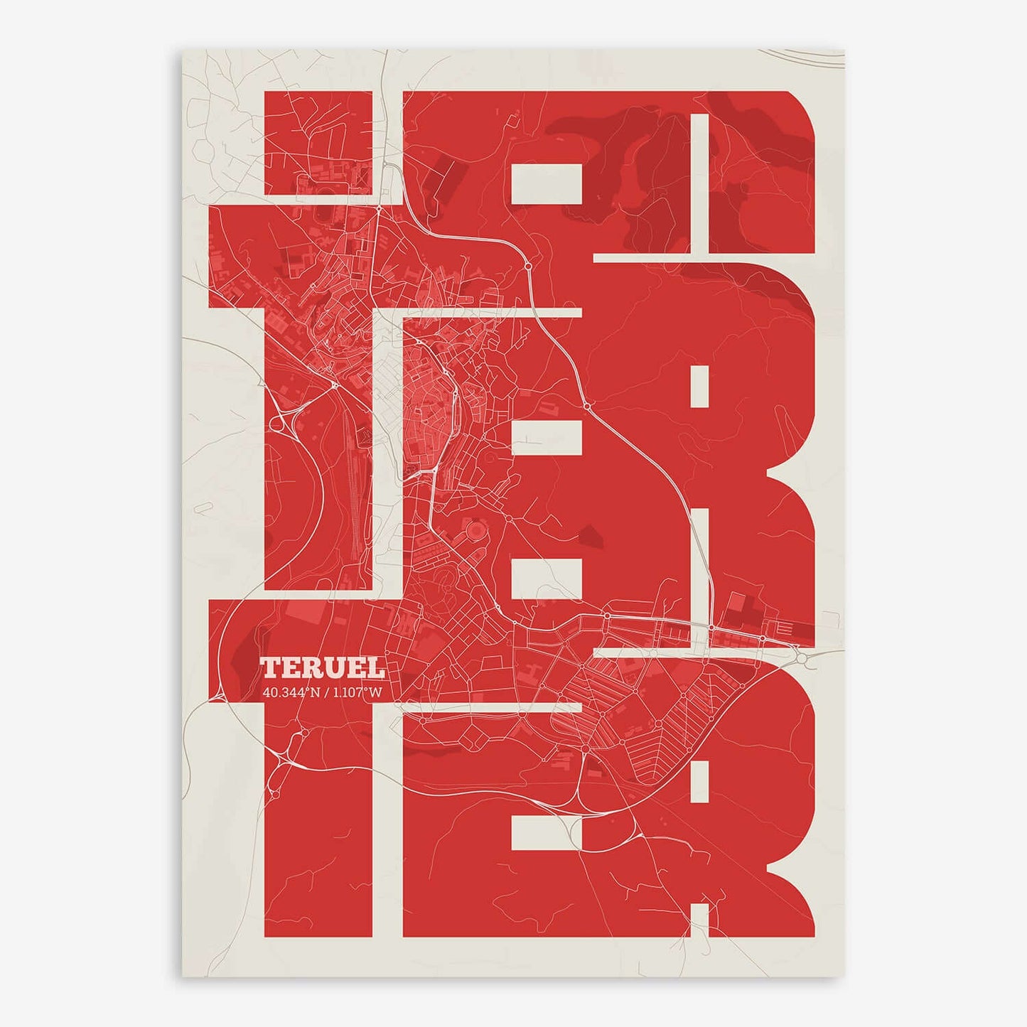 The map of Teruel composed with letters from its name or IATA code printed on red and an off-white background