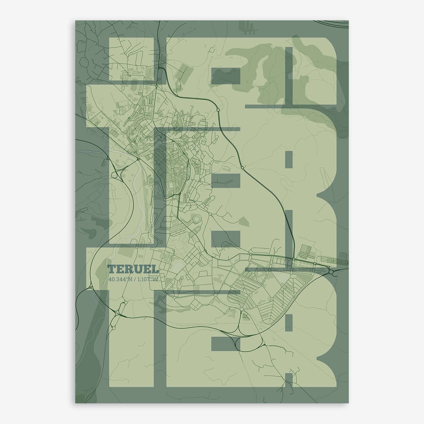 The map of Teruel composed with letters from its name or IATA code printed on two green tones