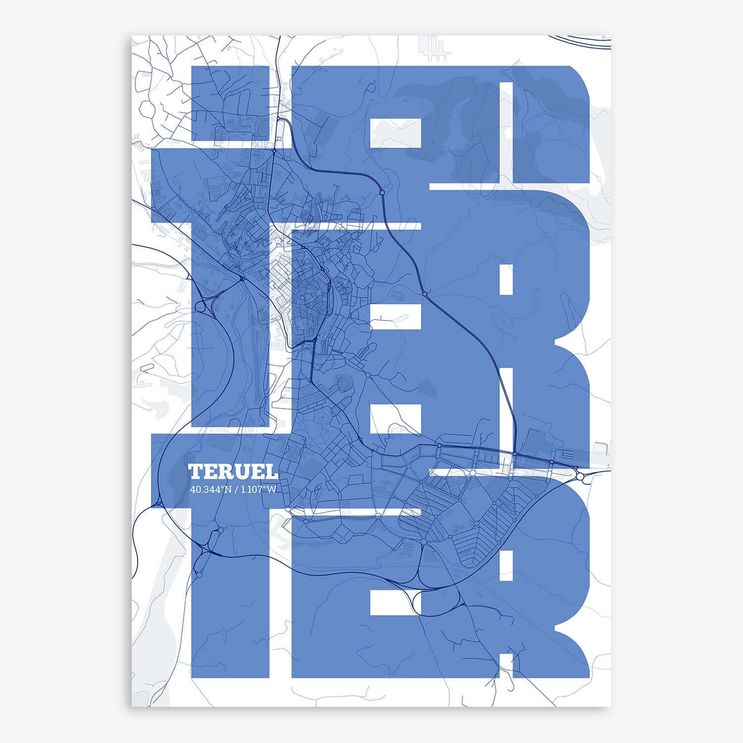 The map of Teruel composed with letters from its name or IATA code printed on navy blue and white