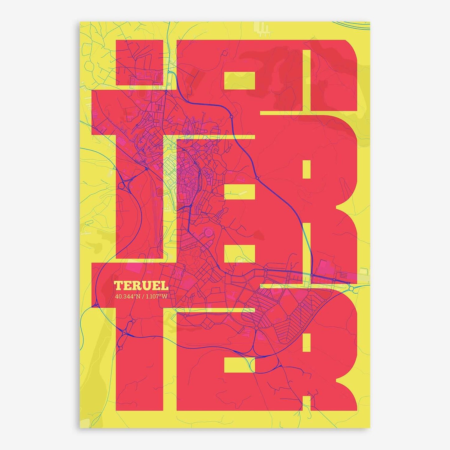 The map of Teruel composed with letters from its name or IATA code printed on yellow and fuchsia