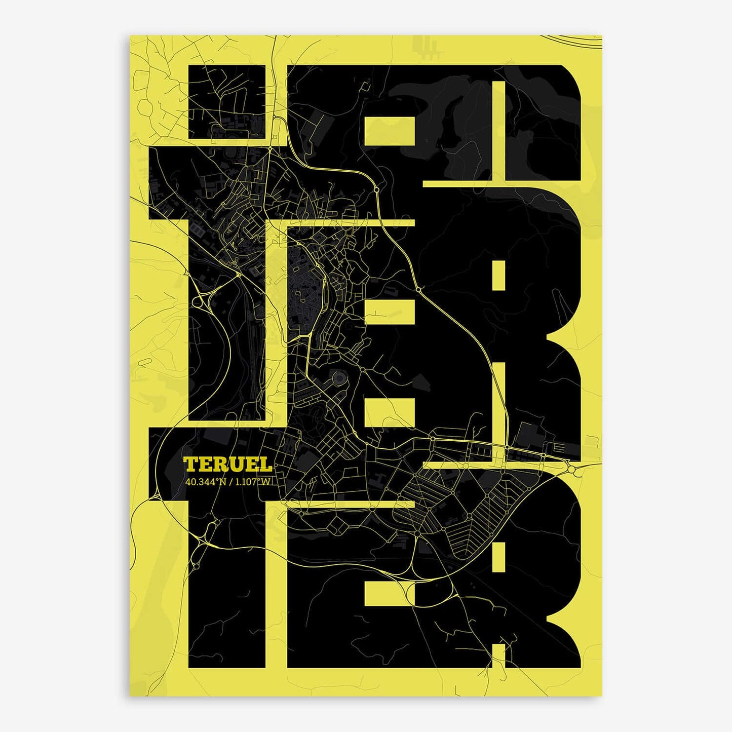 The map of Teruel composed with letters from its name or IATA code printed on black and yellow