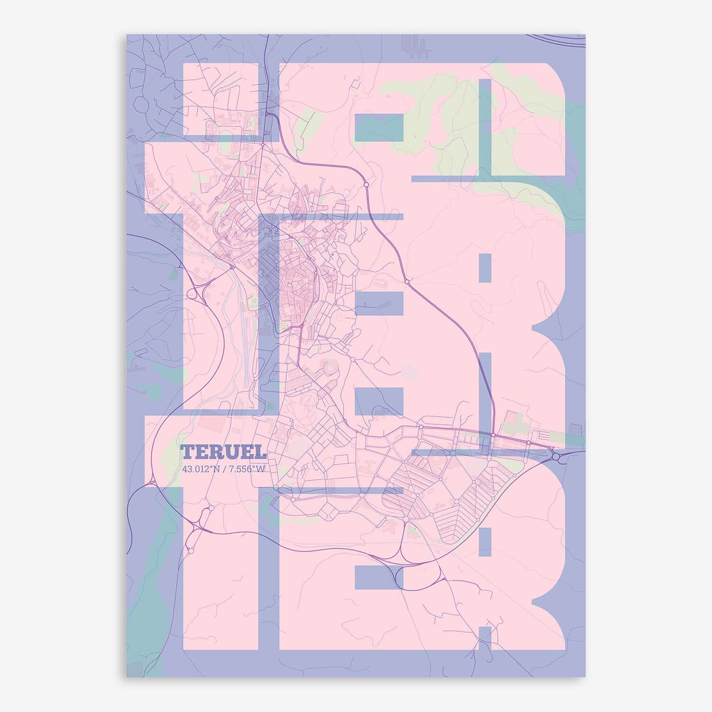 The map of Teruel composed with letters from its name or IATA code printed on pink and light blue
