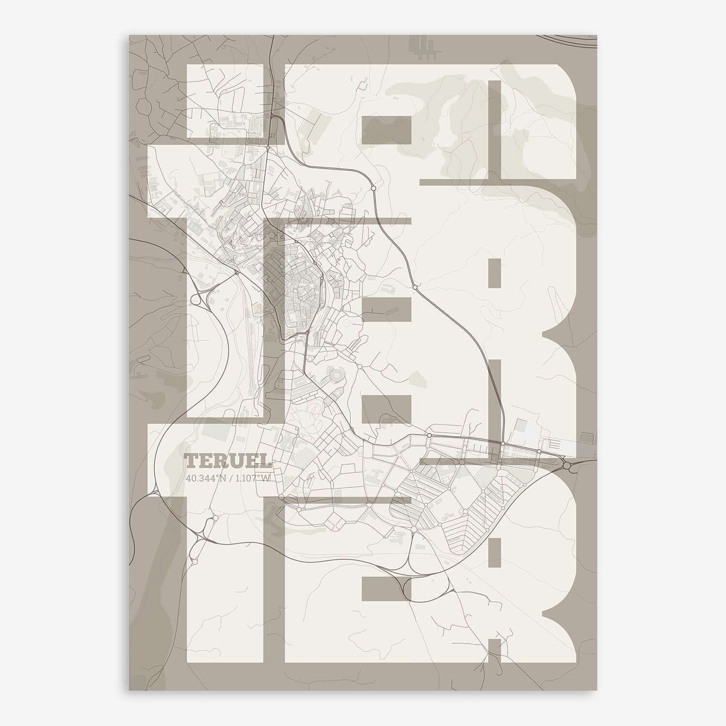 The map of Teruel composed with letters from its name or IATA code printed on light brown and an off-white background