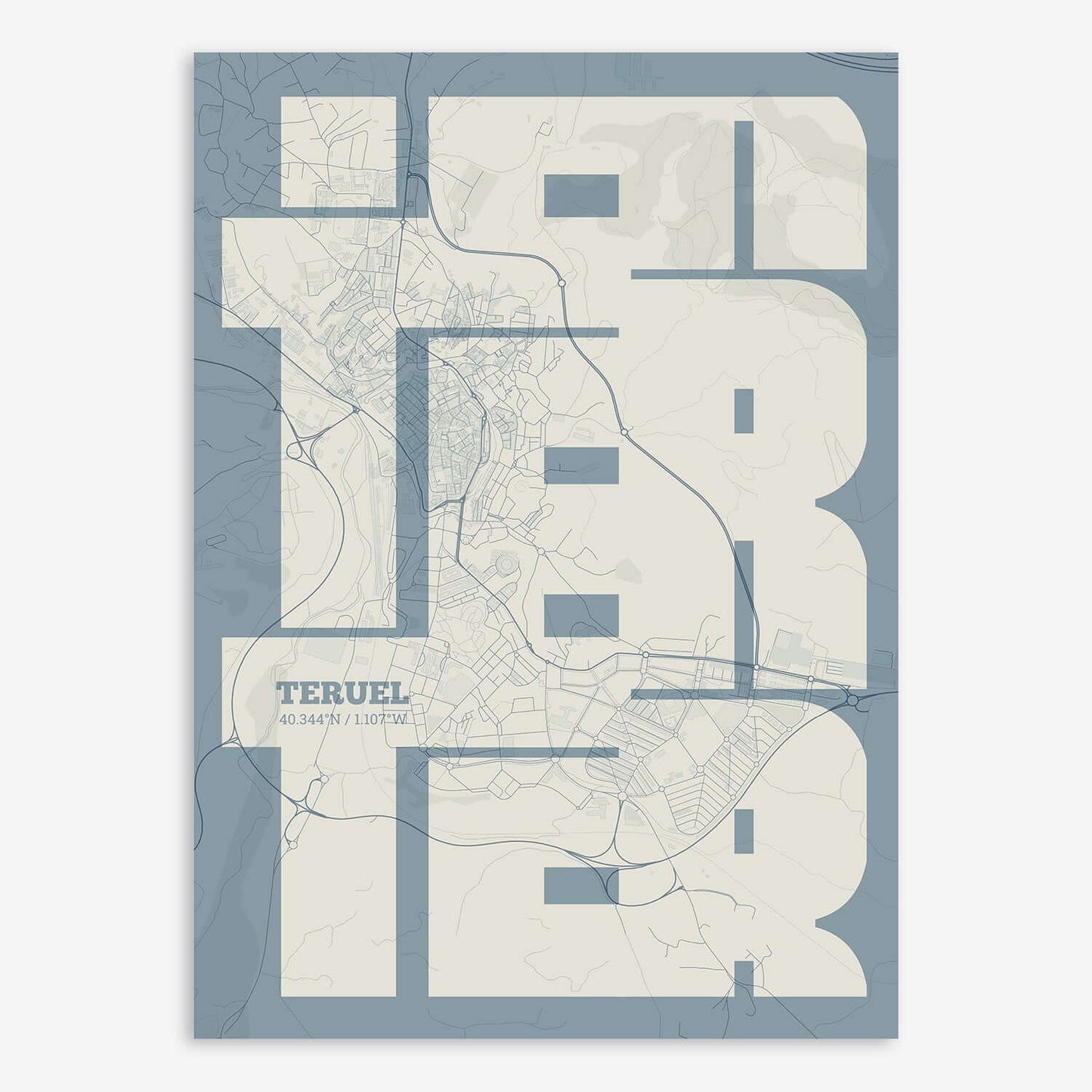 The map of Teruel composed with letters from its name or IATA code printed on bluish gray and an off-white background