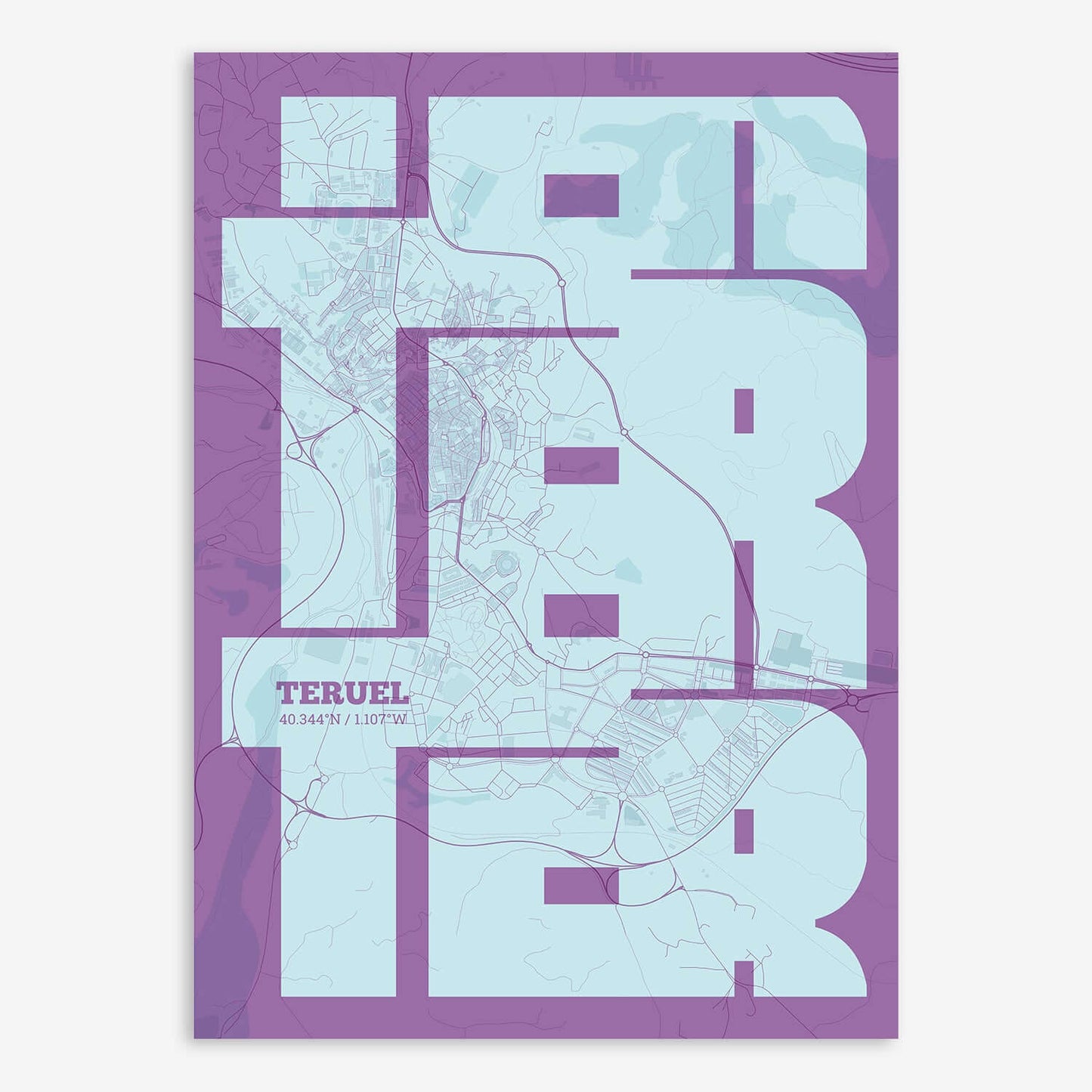 The map of Teruel composed with letters from its name or IATA code printed on purple and light blue