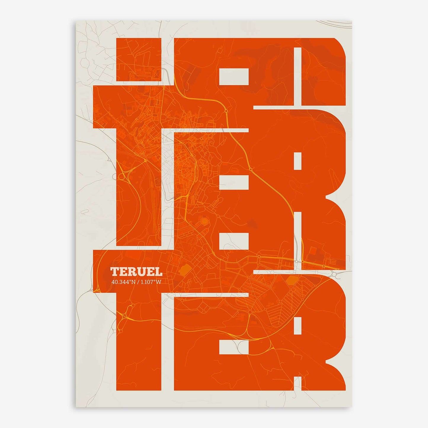 The map of Teruel composed with letters from its name or IATA code printed on orange and an off-white background