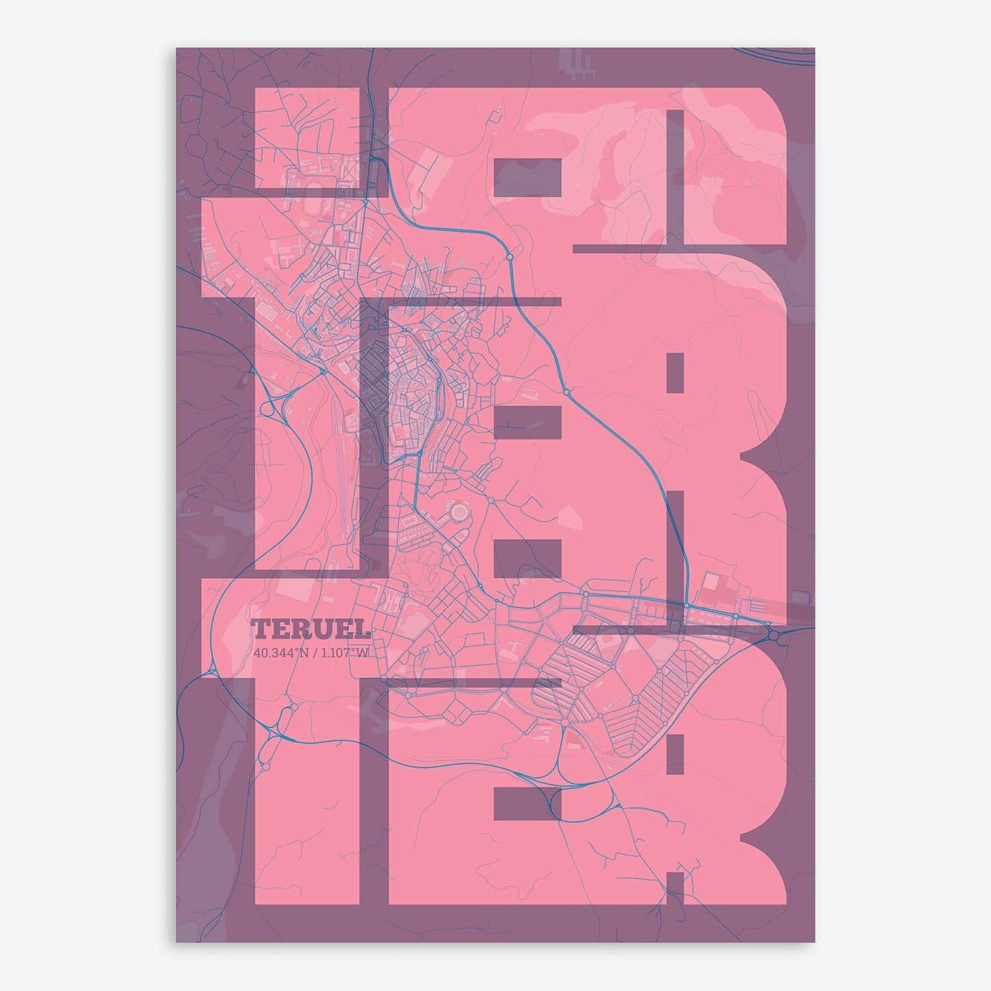 The map of Teruel composed with letters from its name or IATA code printed on violet y pink background