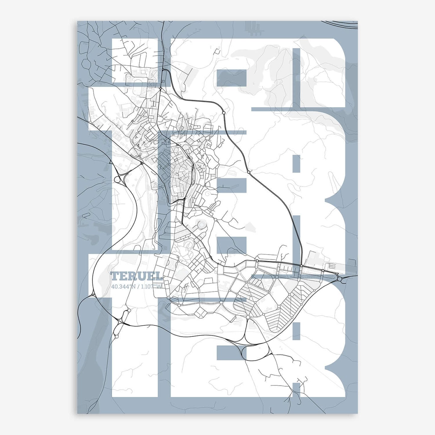 The map of Teruel composed with letters from its name or IATA code printed on black and white
