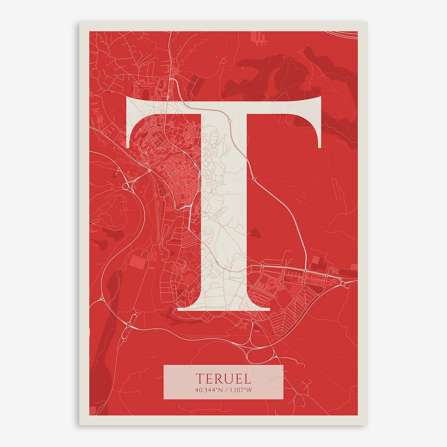 The map of Teruel composed with letters in serif font printed on red and an off-white background