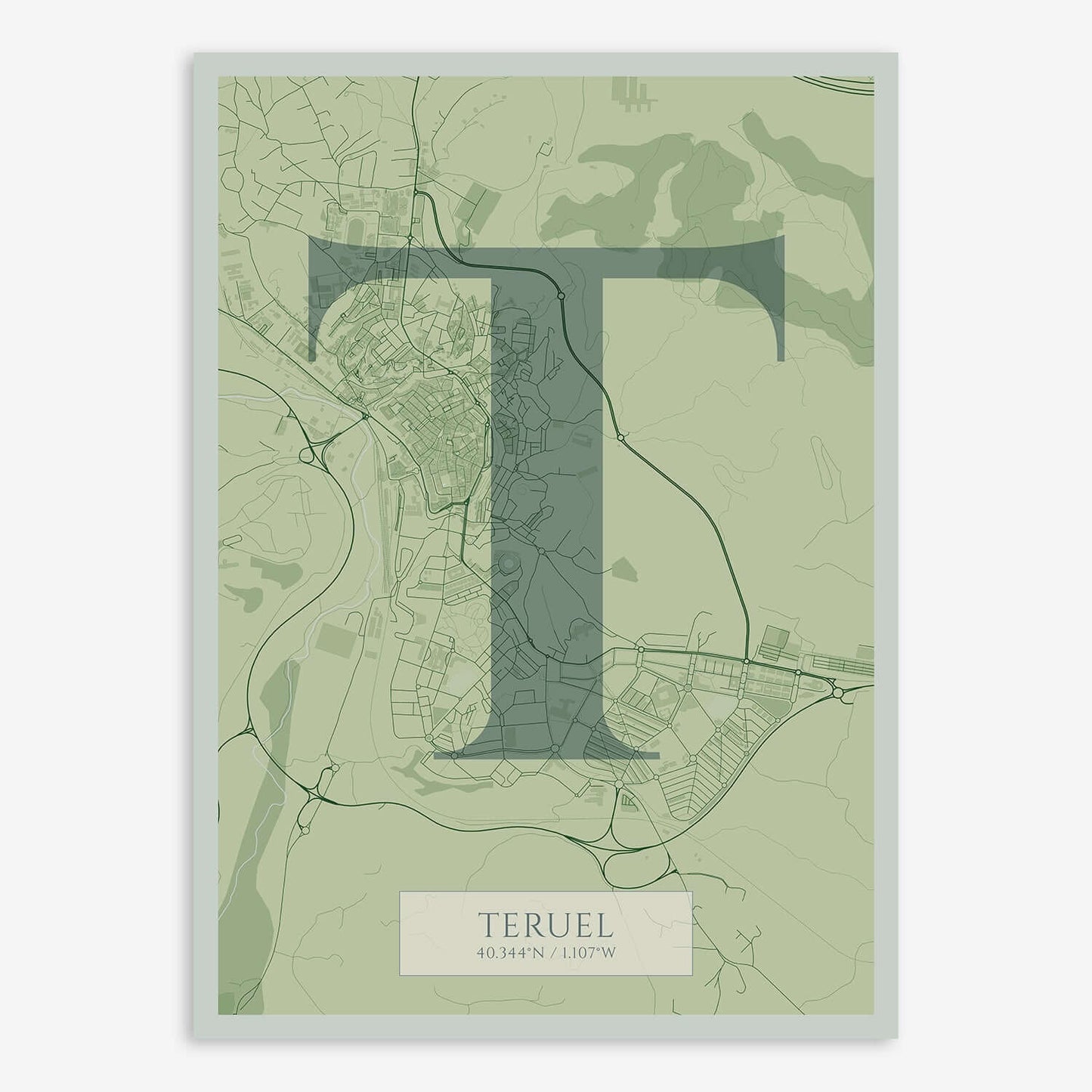 The map of Teruel composed with letters in serif font printed on two green tones