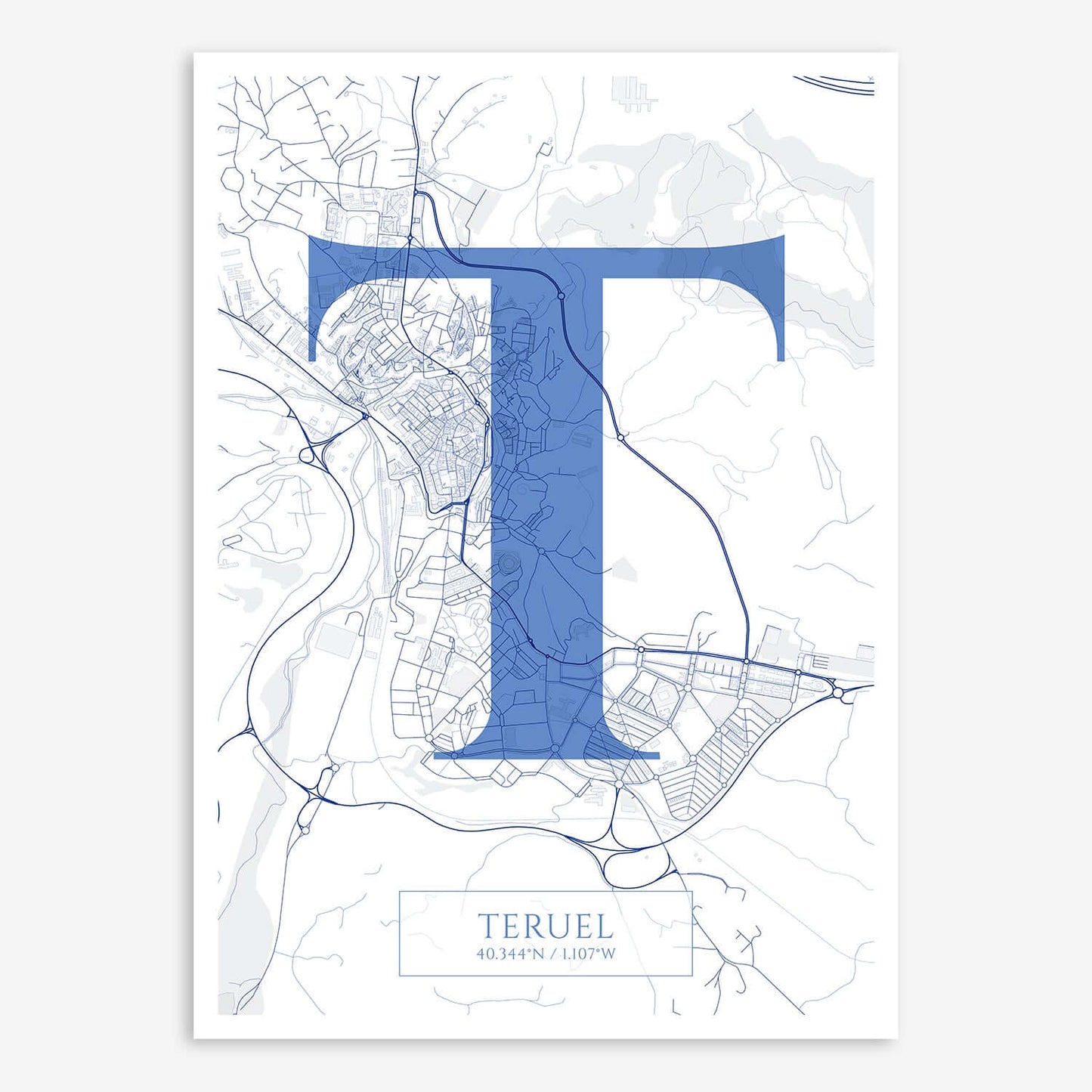 The map of Teruel composed with letters in serif font printed on navy blue and white